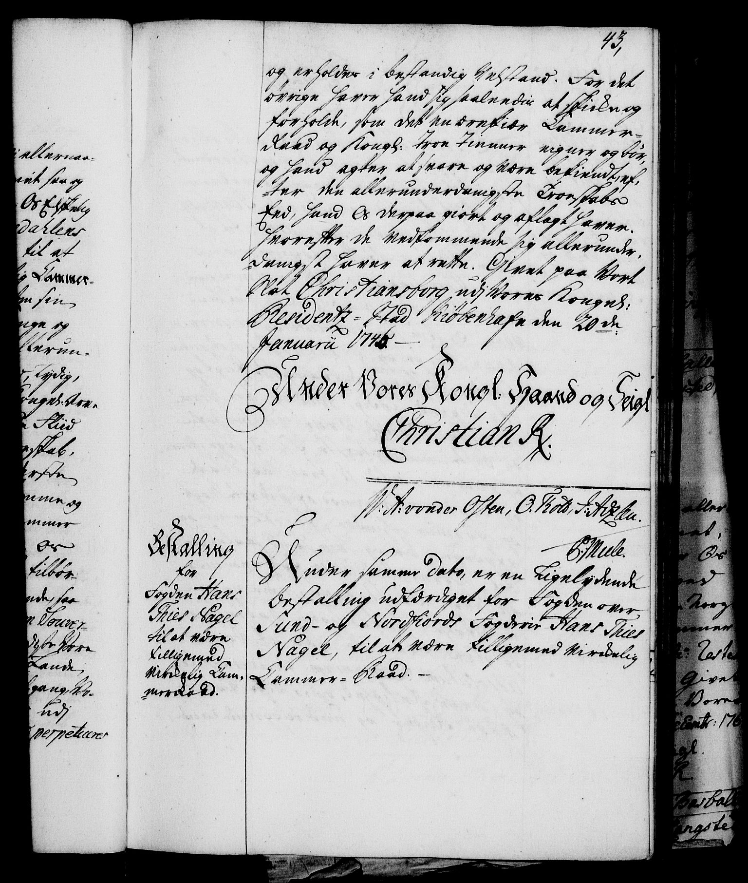 Rentekammeret, Kammerkanselliet, RA/EA-3111/G/Gg/Gge/L0003: Norsk bestallingsprotokoll med register (merket RK 53.27), 1745-1761, s. 43