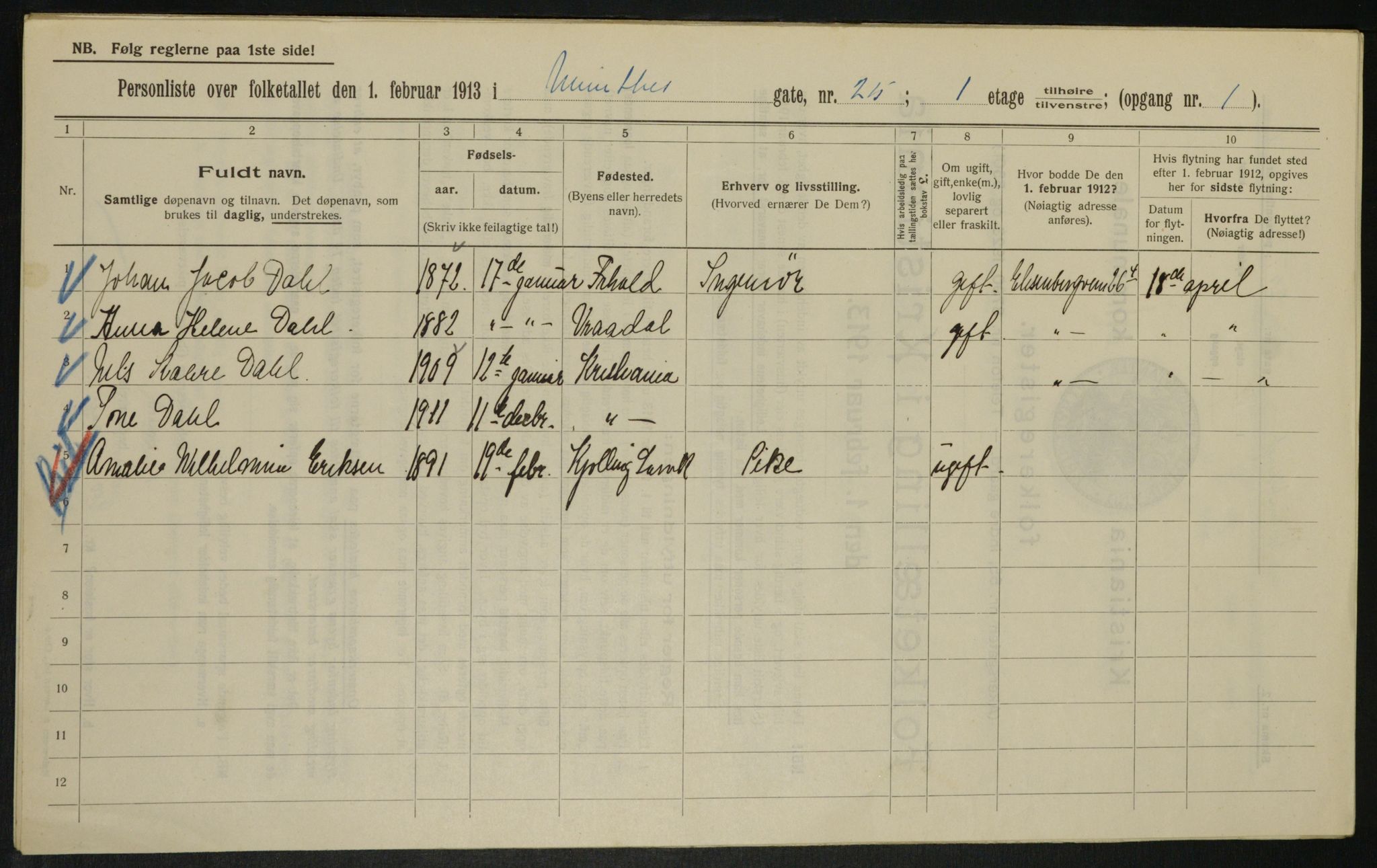 OBA, Kommunal folketelling 1.2.1913 for Kristiania, 1913, s. 68067