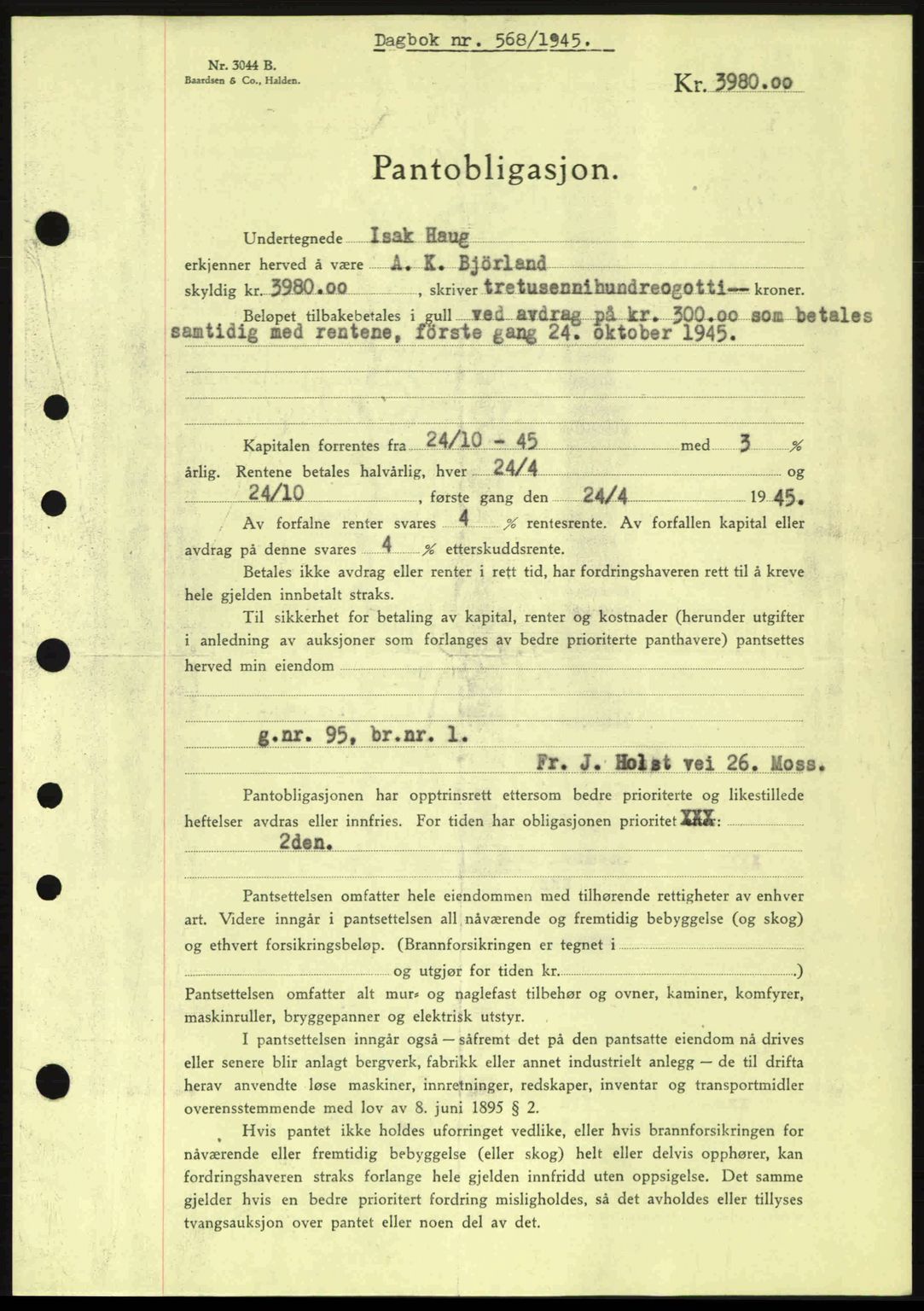 Moss sorenskriveri, SAO/A-10168: Pantebok nr. B13, 1943-1945, Dagboknr: 568/1945
