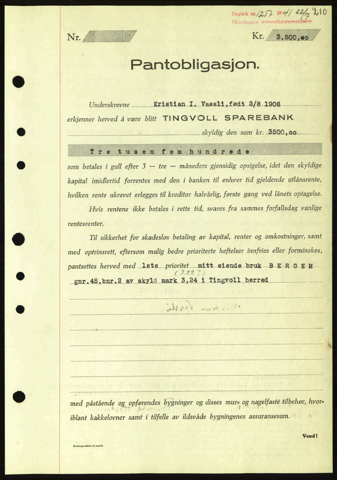 Nordmøre sorenskriveri, SAT/A-4132/1/2/2Ca: Pantebok nr. B88, 1941-1942, Dagboknr: 1257/1941