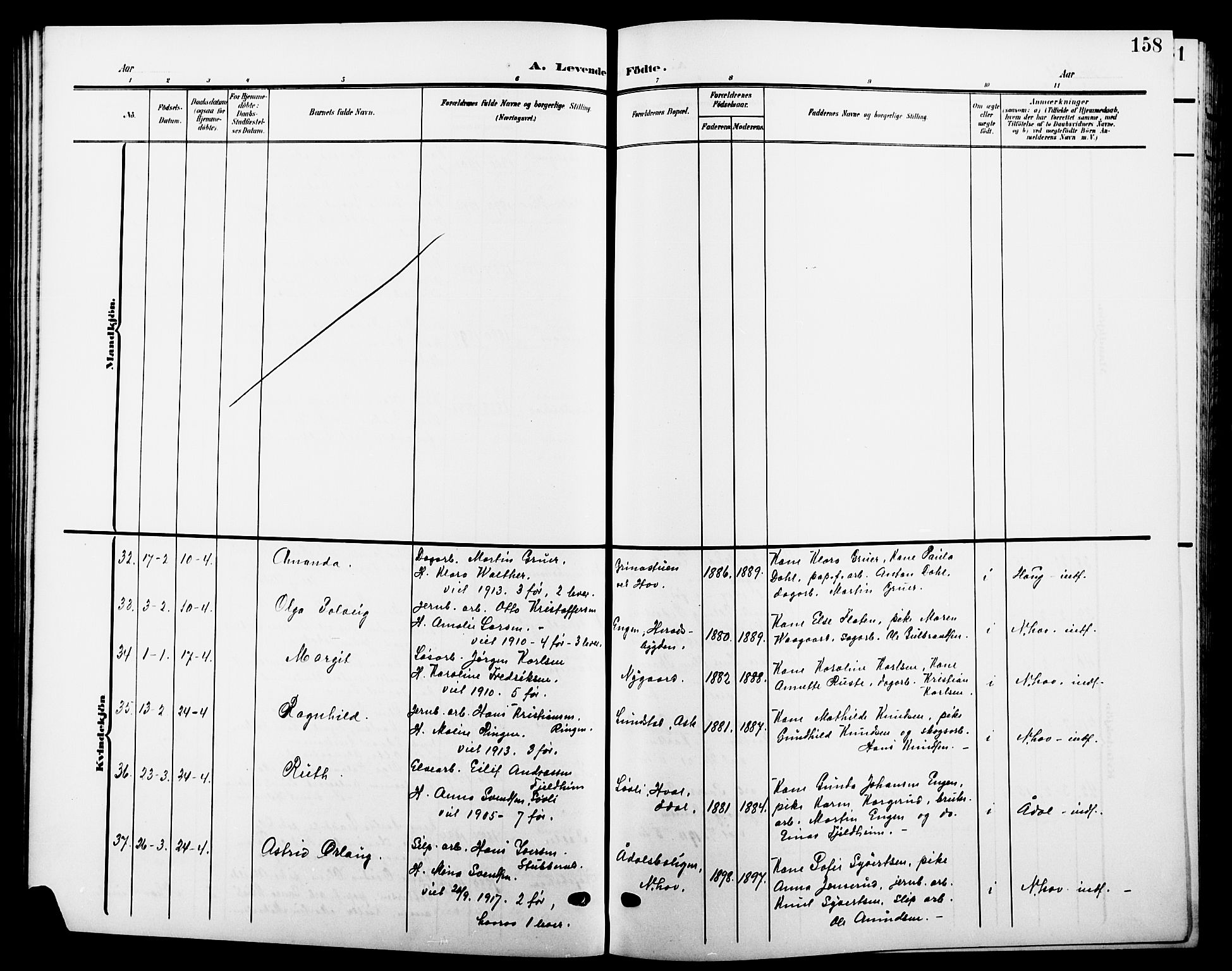 Hønefoss kirkebøker, AV/SAKO-A-609/G/Ga/L0003: Klokkerbok nr. 3, 1905-1925, s. 158