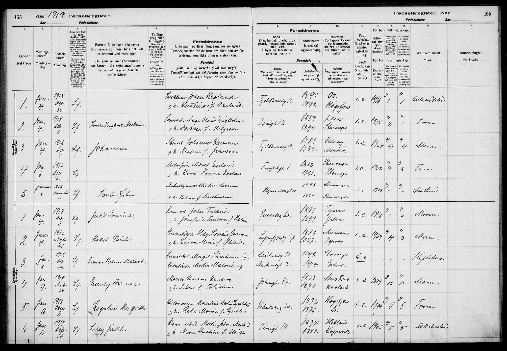 St. Johannes sokneprestkontor, SAST/A-101814/002/A/L0001: Fødselsregister nr. 1, 1916-1919, s. 165