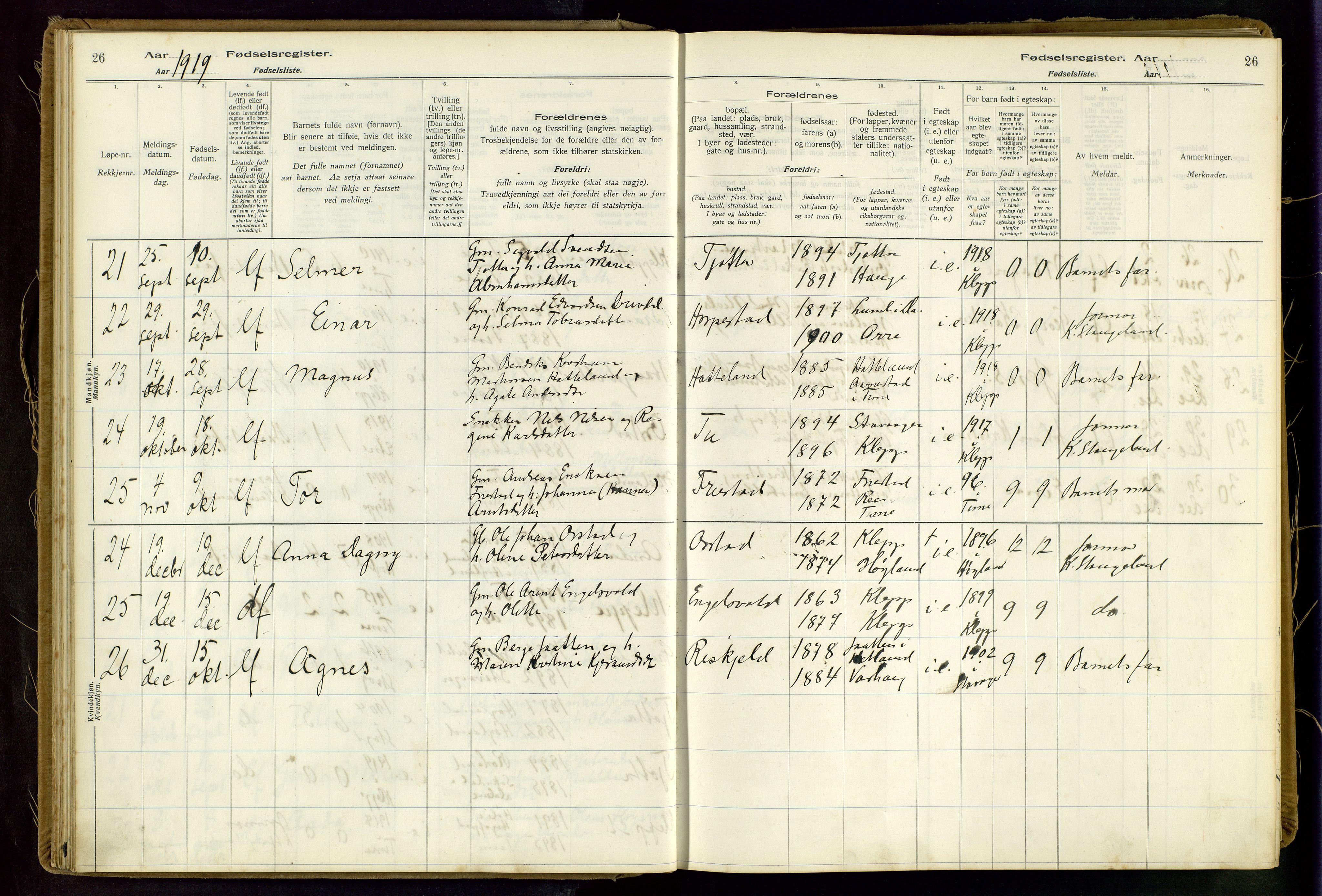 Klepp sokneprestkontor, AV/SAST-A-101803/001/704BAA/L0001: Fødselsregister nr. 1, 1916-1948, s. 26