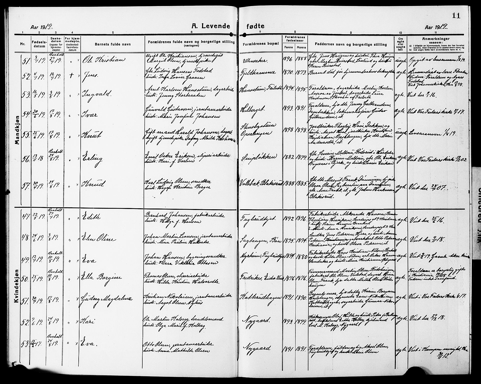 Eidsvoll prestekontor Kirkebøker, AV/SAO-A-10888/G/Ga/L0010: Klokkerbok nr. I 10, 1919-1929, s. 11