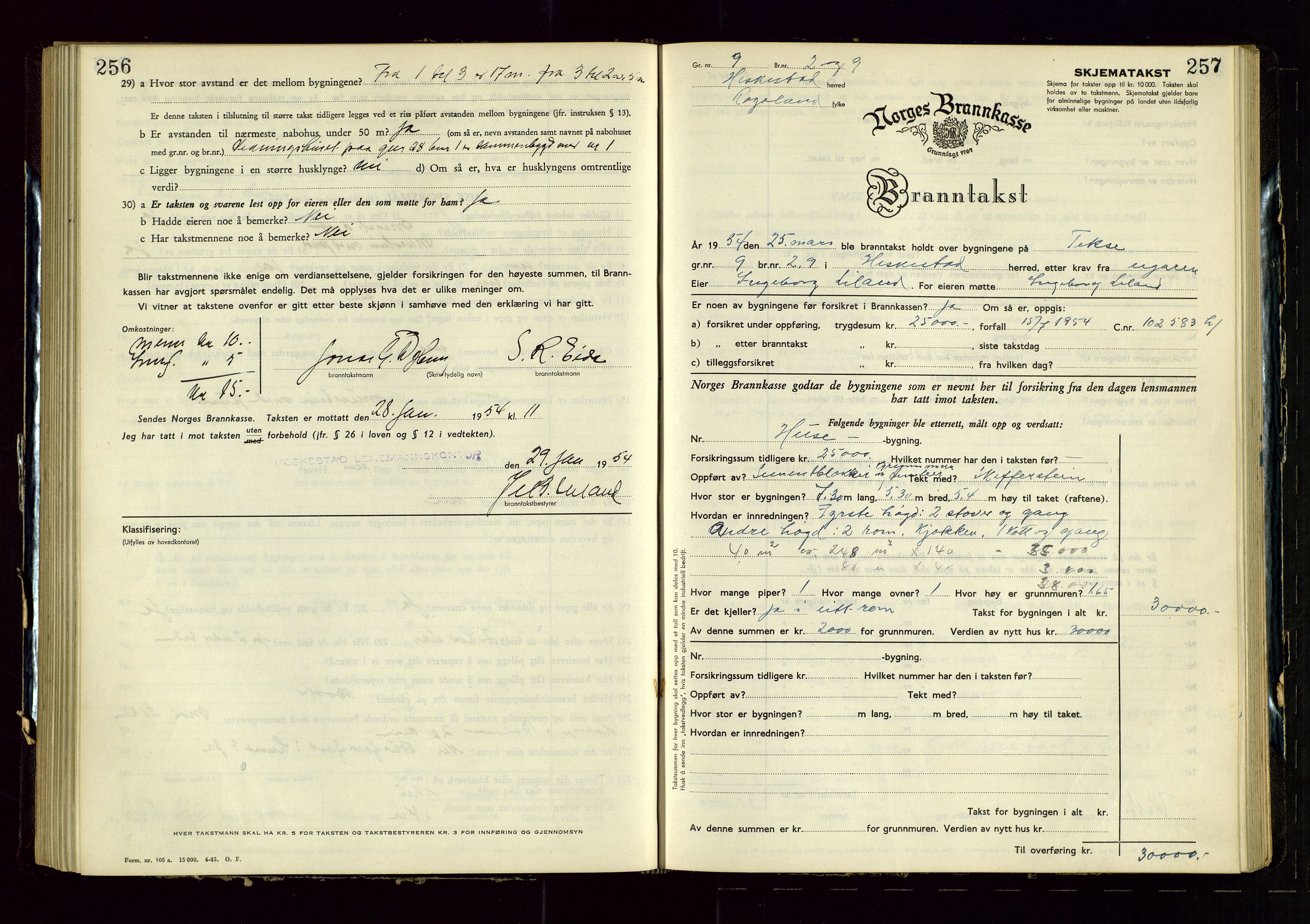 Heskestad lensmannskontor, AV/SAST-A-100304/Gob/L0005: "Brandtakstprotokoll", 1946-1955, s. 256-257