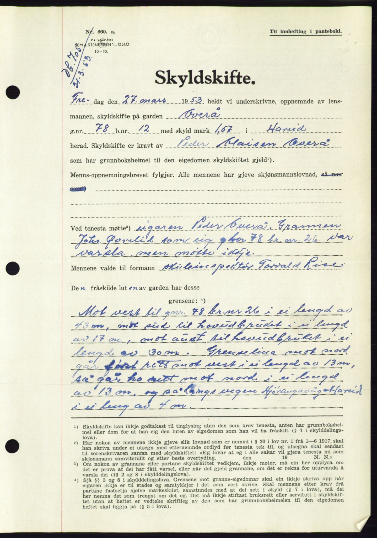 Søre Sunnmøre sorenskriveri, AV/SAT-A-4122/1/2/2C/L0094: Pantebok nr. 20A, 1953-1953, Dagboknr: 705/1953