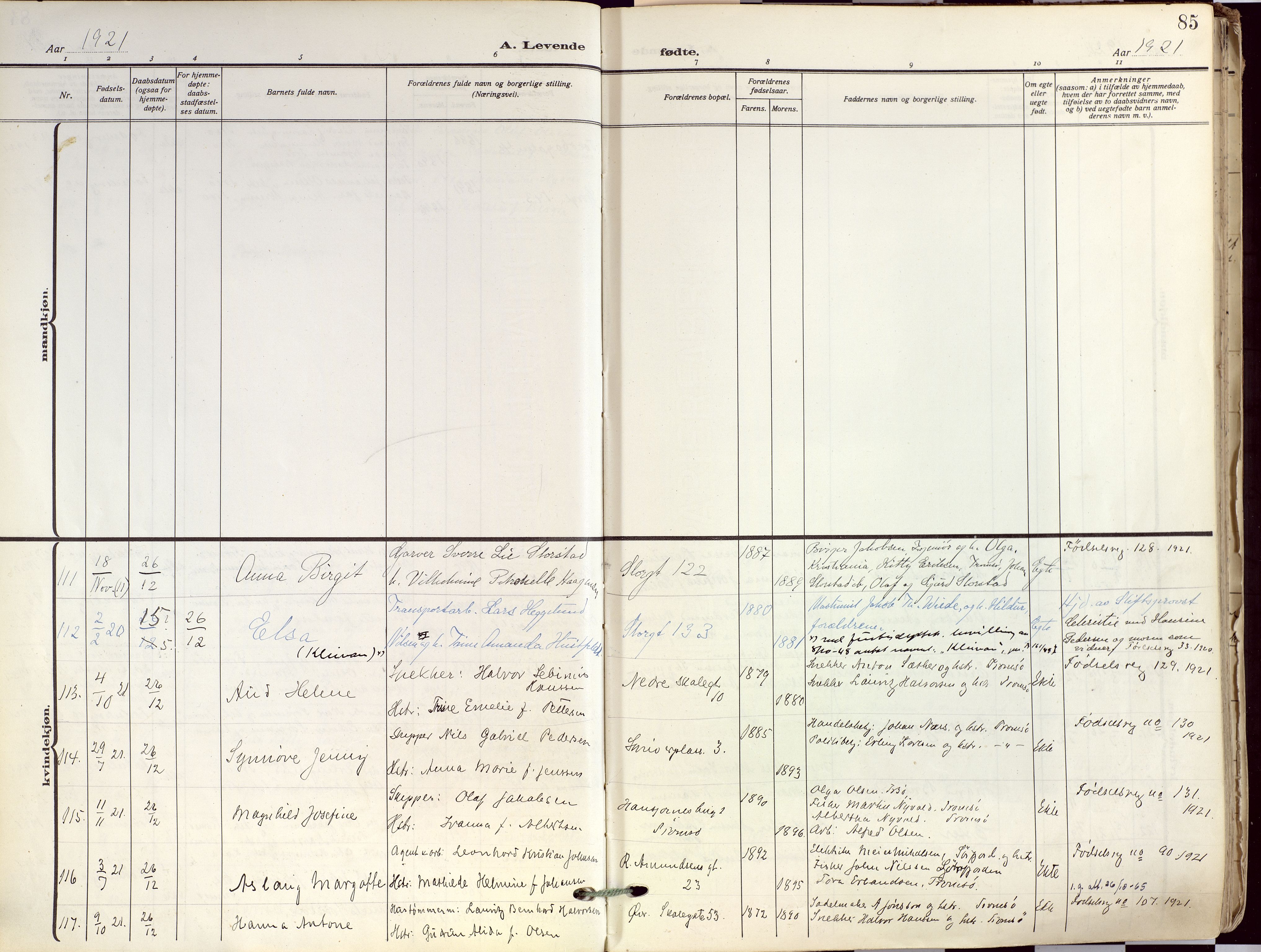 Tromsø sokneprestkontor/stiftsprosti/domprosti, AV/SATØ-S-1343/G/Ga/L0019kirke: Ministerialbok nr. 19, 1917-1927, s. 85