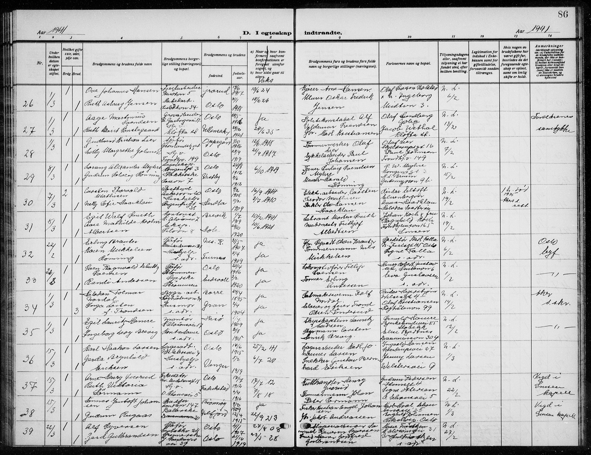 Østre Aker prestekontor Kirkebøker, AV/SAO-A-10840/G/Ga/L0007: Klokkerbok nr. I 7, 1937-1941, s. 86