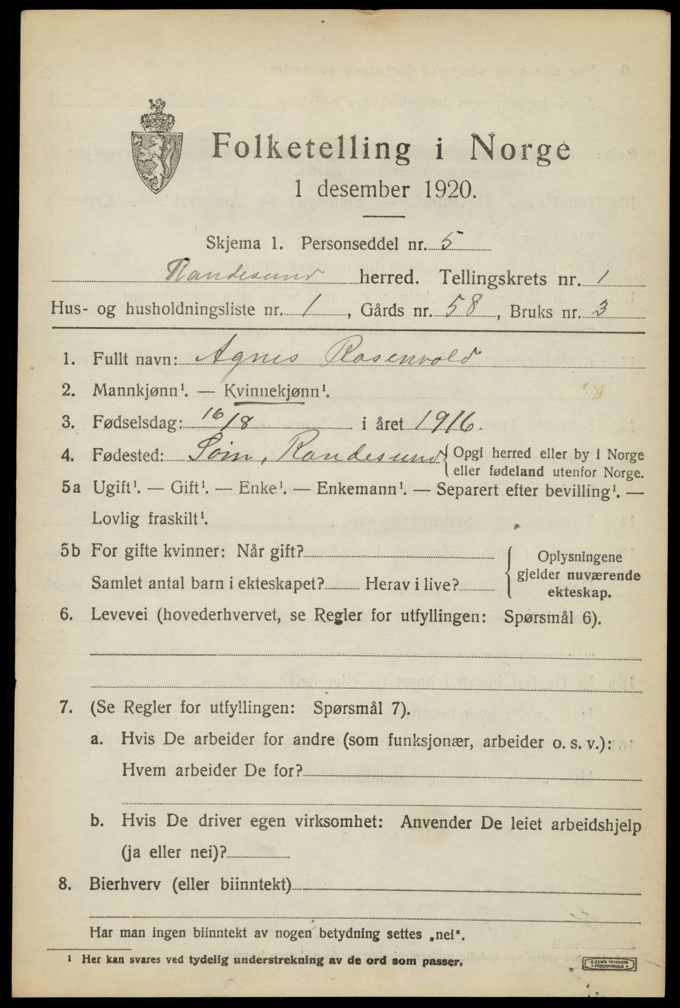 SAK, Folketelling 1920 for 1011 Randesund herred, 1920, s. 592