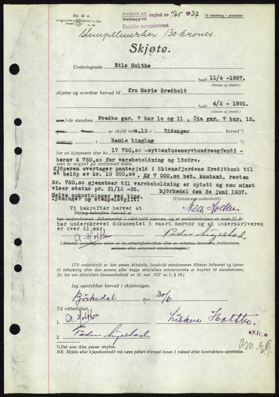 Bamble sorenskriveri, AV/SAKO-A-214/G/Ga/Gag/L0002: Pantebok nr. A-2, 1937-1938, Dagboknr: 765/1937