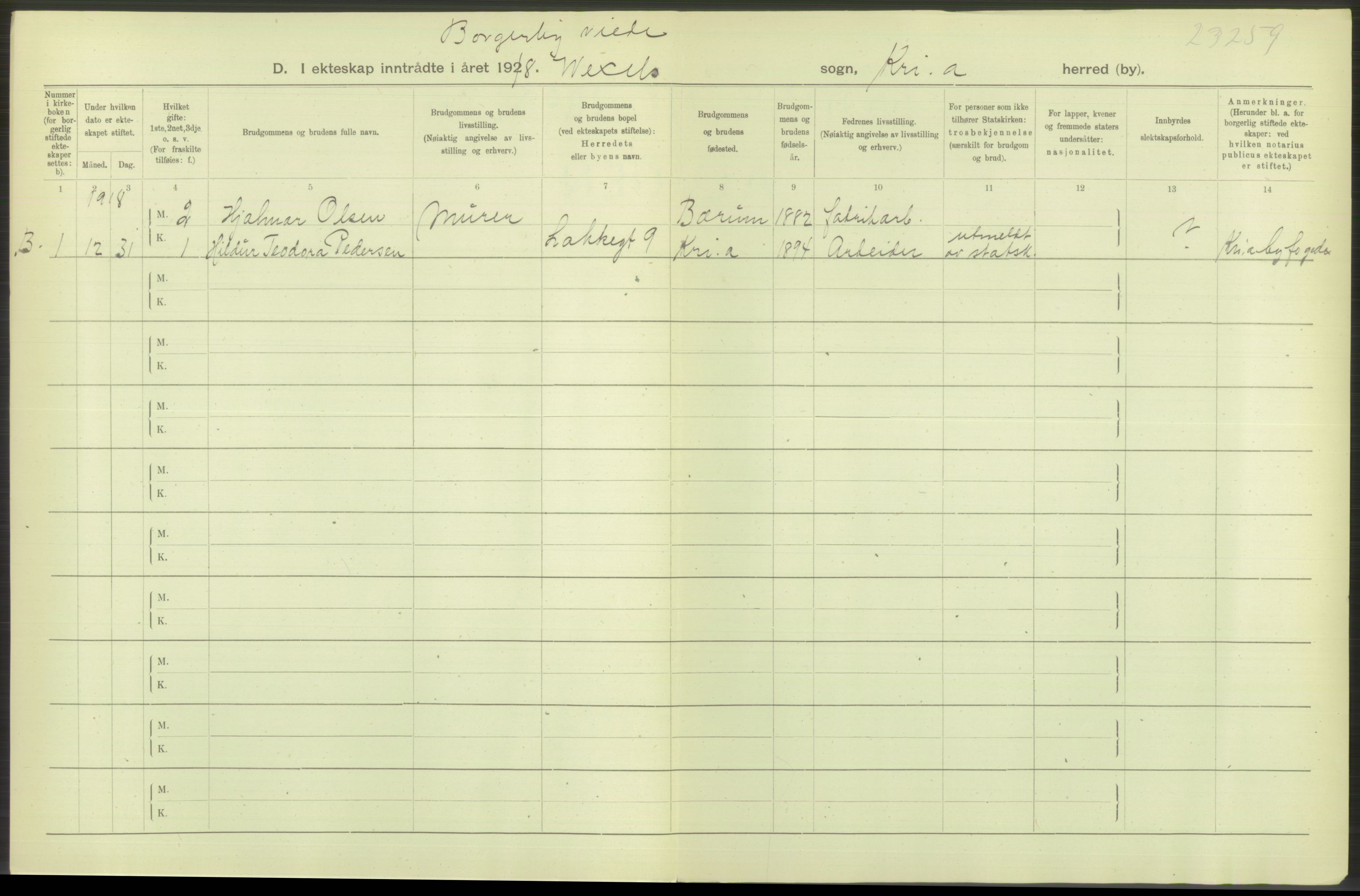 Statistisk sentralbyrå, Sosiodemografiske emner, Befolkning, RA/S-2228/D/Df/Dfb/Dfbh/L0009: Kristiania: Gifte, 1918, s. 848