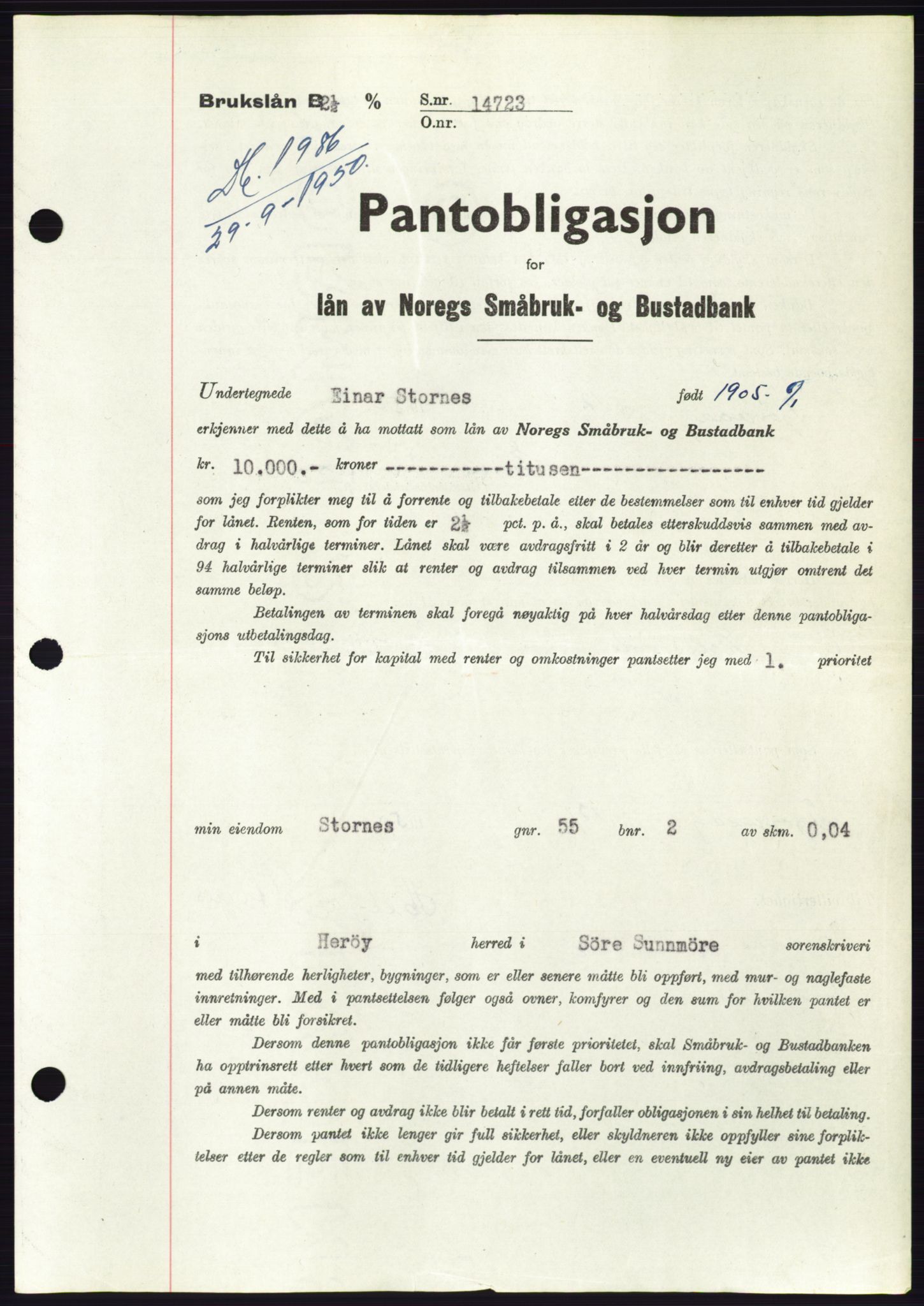 Søre Sunnmøre sorenskriveri, AV/SAT-A-4122/1/2/2C/L0119: Pantebok nr. 7B, 1950-1951, Dagboknr: 1986/1950