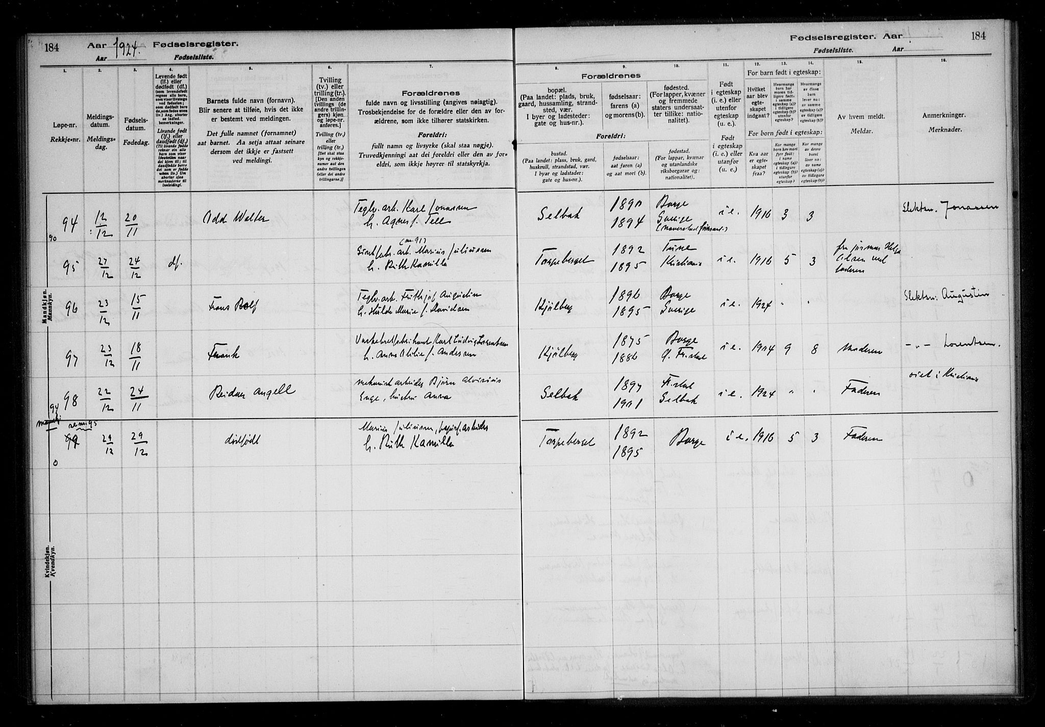 Borge prestekontor Kirkebøker, AV/SAO-A-10903/J/Ja/L0001: Fødselsregister nr. I 1, 1916-1925, s. 184