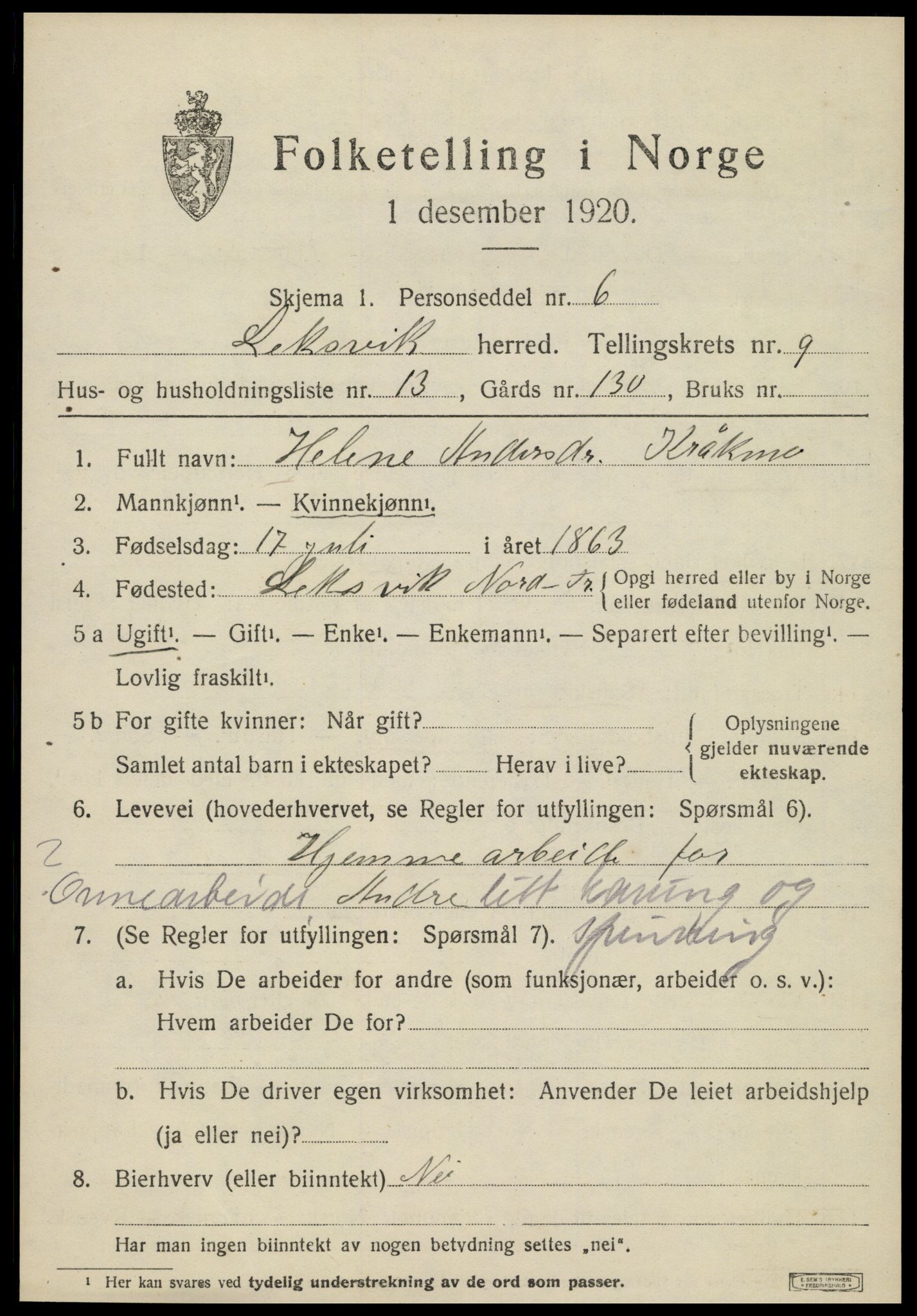 SAT, Folketelling 1920 for 1718 Leksvik herred, 1920, s. 7074