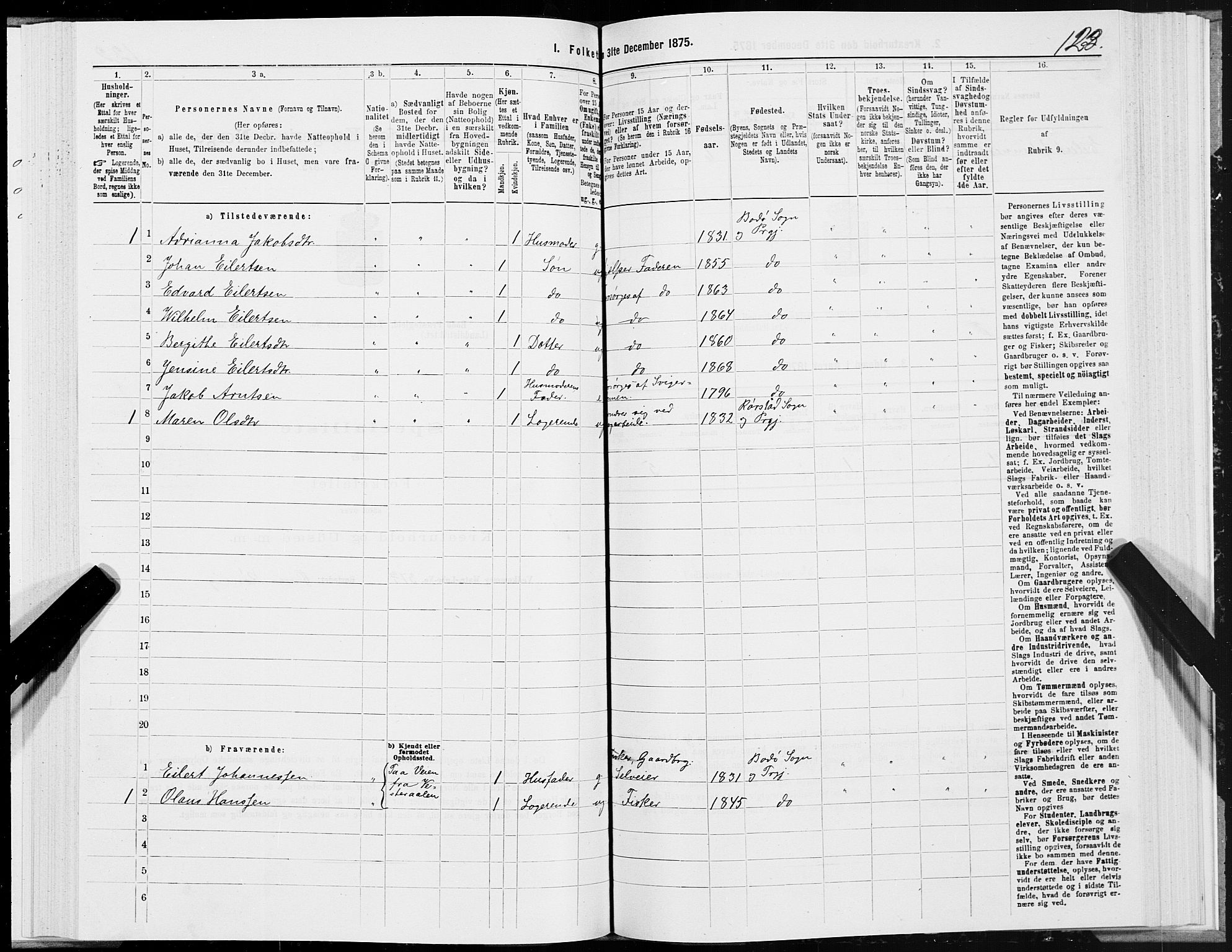 SAT, Folketelling 1875 for 1843L Bodø prestegjeld, Bodø landsokn, 1875, s. 1123