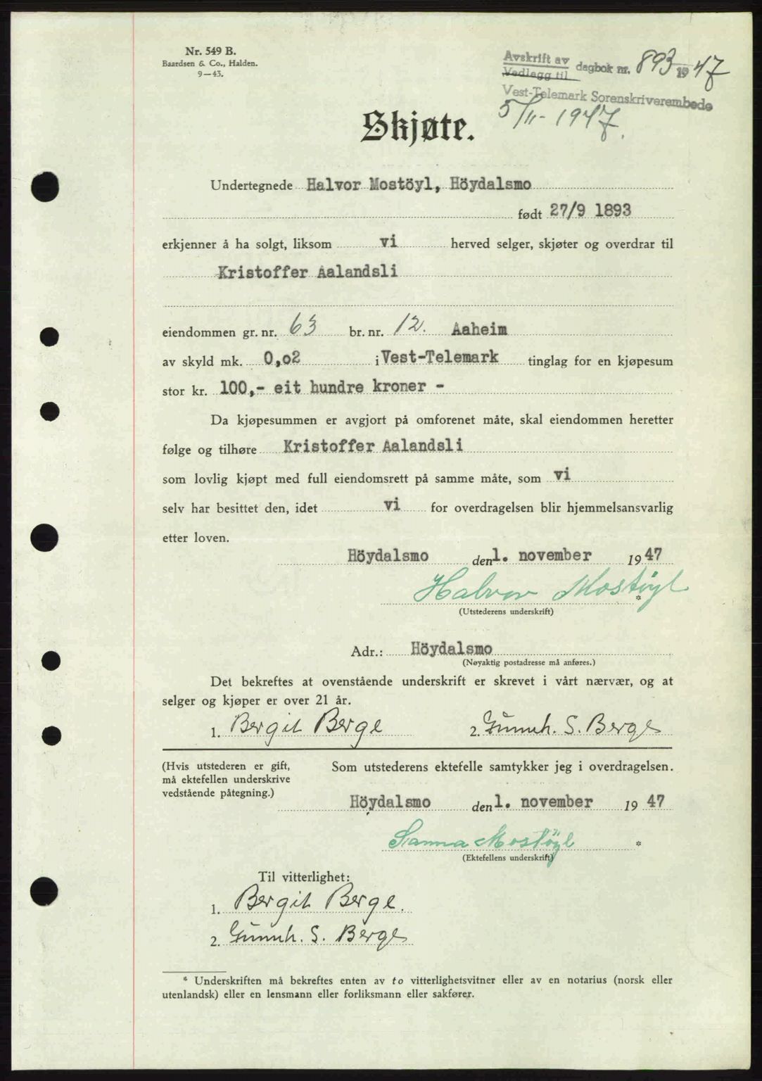 Vest-Telemark sorenskriveri, SAKO/A-134/G/Ga/Gac/L0008: Pantebok nr. A-8, 1947-1948, Dagboknr: 893/1947