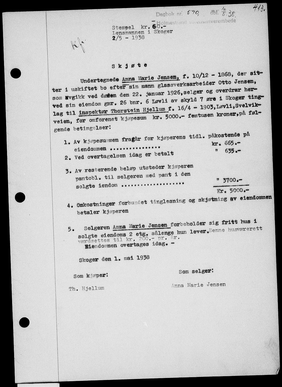 Holmestrand sorenskriveri, SAKO/A-67/G/Ga/Gaa/L0049: Pantebok nr. A-49, 1937-1938, Dagboknr: 590/1938