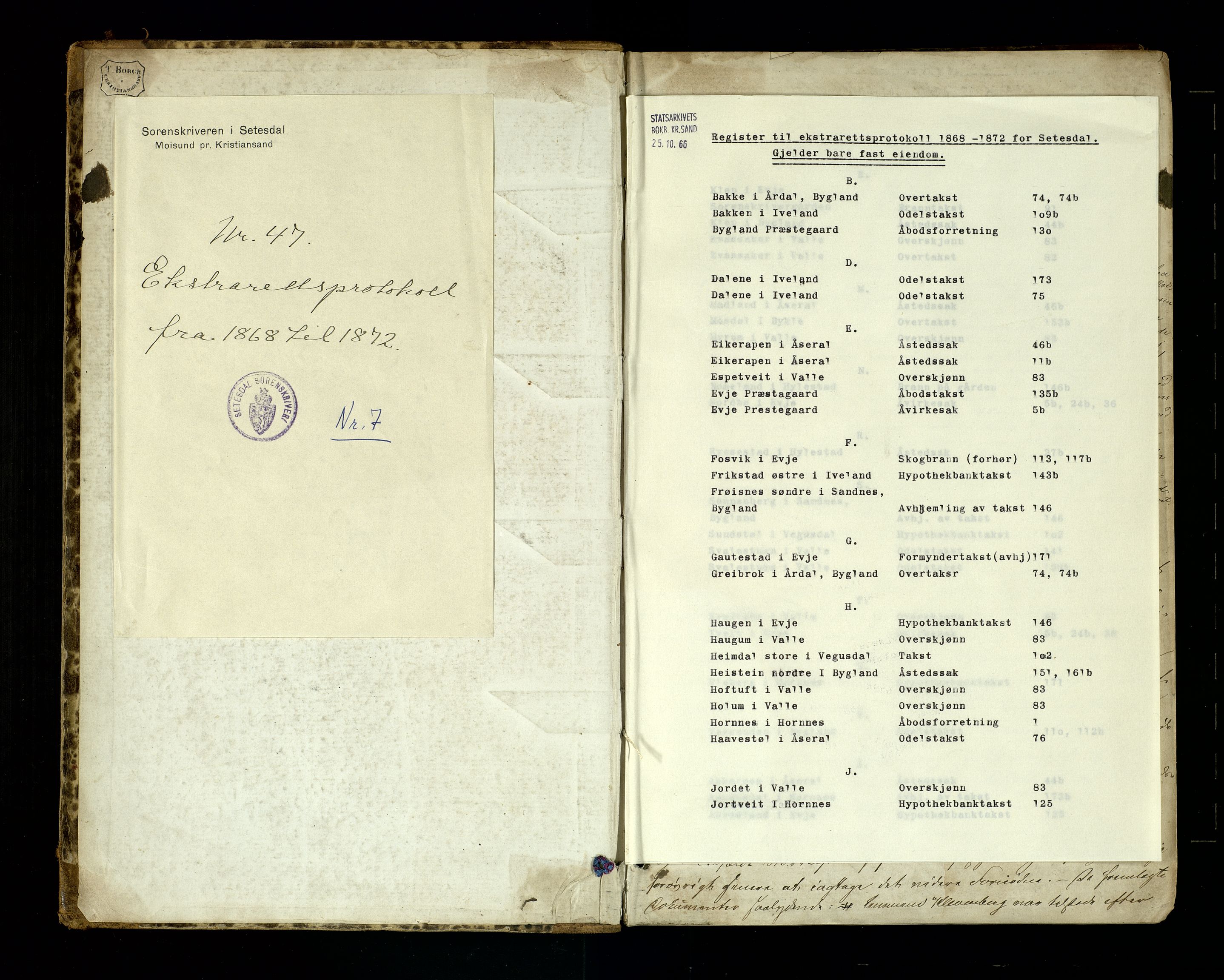Setesdal sorenskriveri, SAK/1221-0011/F/Fb/L0007: Ekstrarettsprotokoll nr 7, 1868-1872