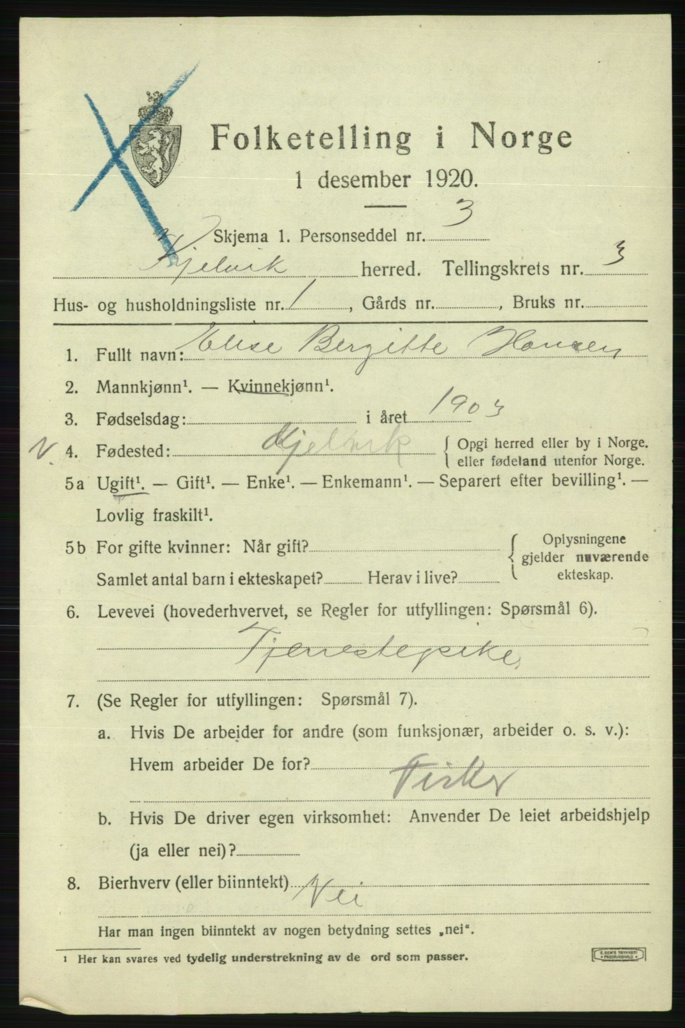 SATØ, Folketelling 1920 for 2019 Kjelvik herred, 1920, s. 1707