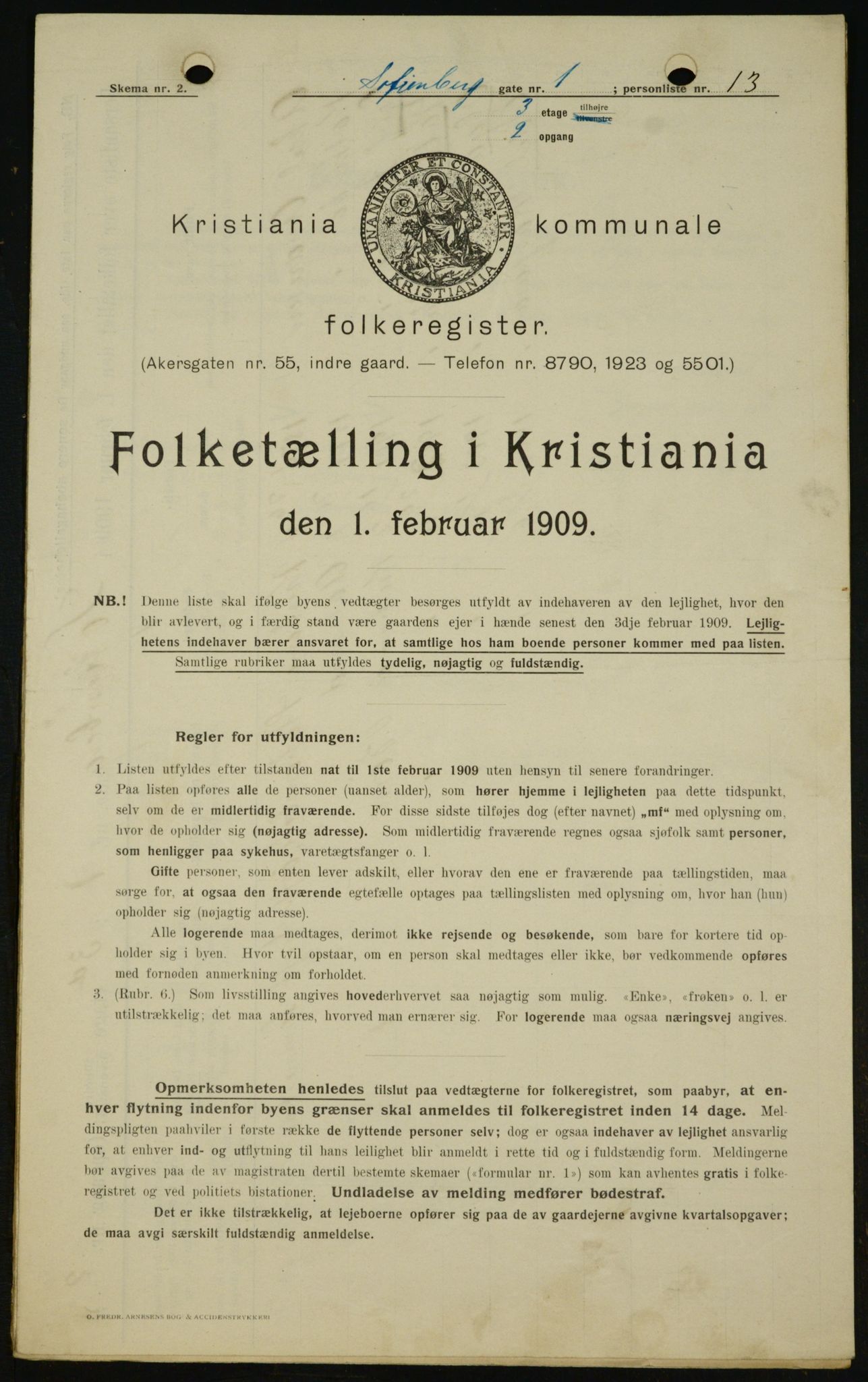 OBA, Kommunal folketelling 1.2.1909 for Kristiania kjøpstad, 1909, s. 88998