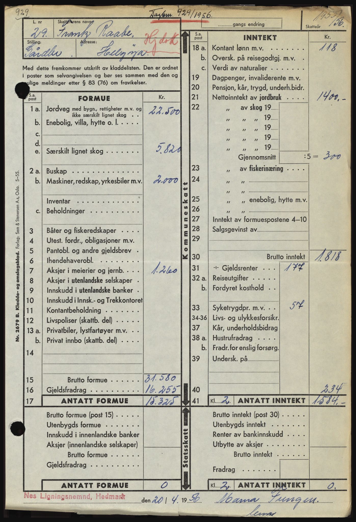 Nord-Hedmark sorenskriveri, SAH/TING-012/H/Hc/L0010: Pantebok nr. 10, 1955-1956, Dagboknr: 929/1956