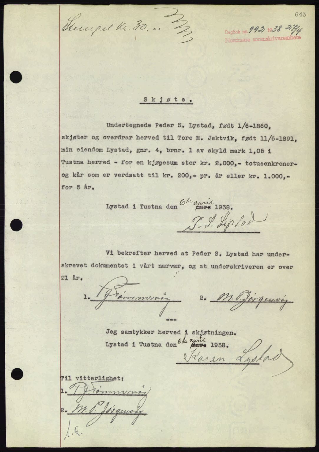 Nordmøre sorenskriveri, SAT/A-4132/1/2/2Ca: Pantebok nr. A83, 1938-1938, Dagboknr: 992/1938