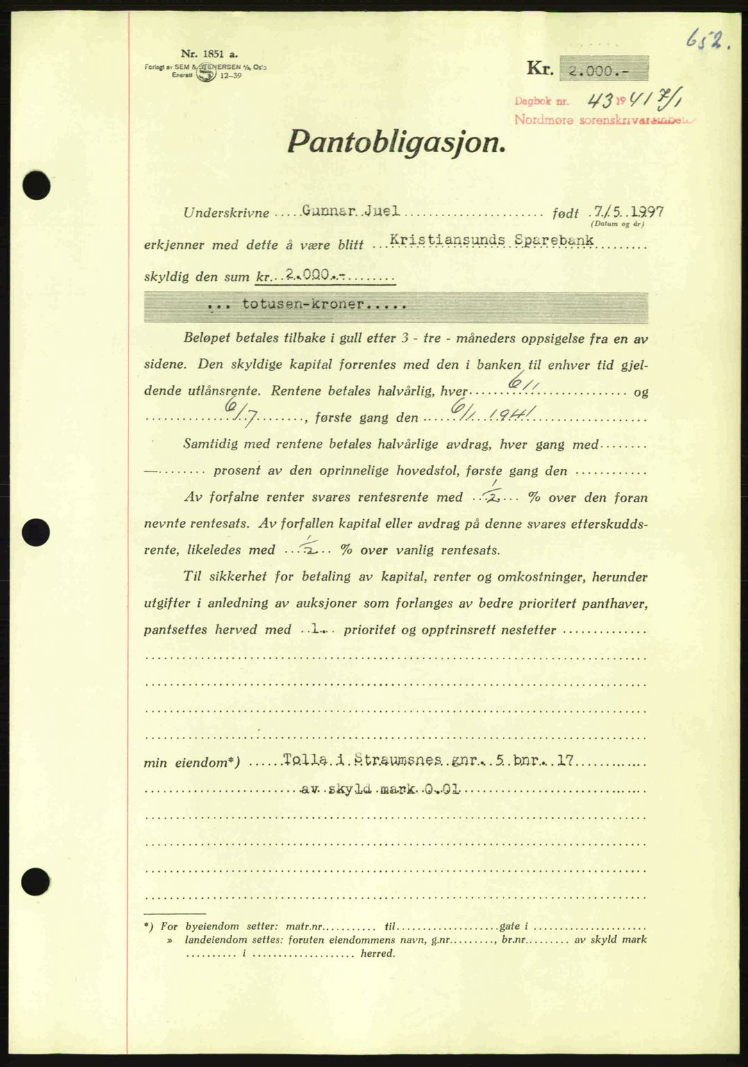 Nordmøre sorenskriveri, AV/SAT-A-4132/1/2/2Ca: Pantebok nr. B87, 1940-1941, Dagboknr: 43/1941