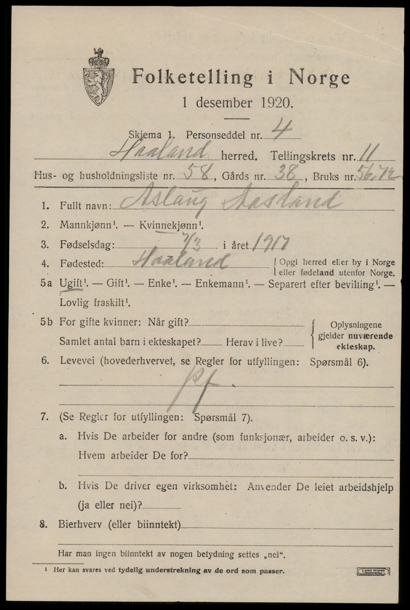 SAST, Folketelling 1920 for 1124 Håland herred, 1920, s. 8763