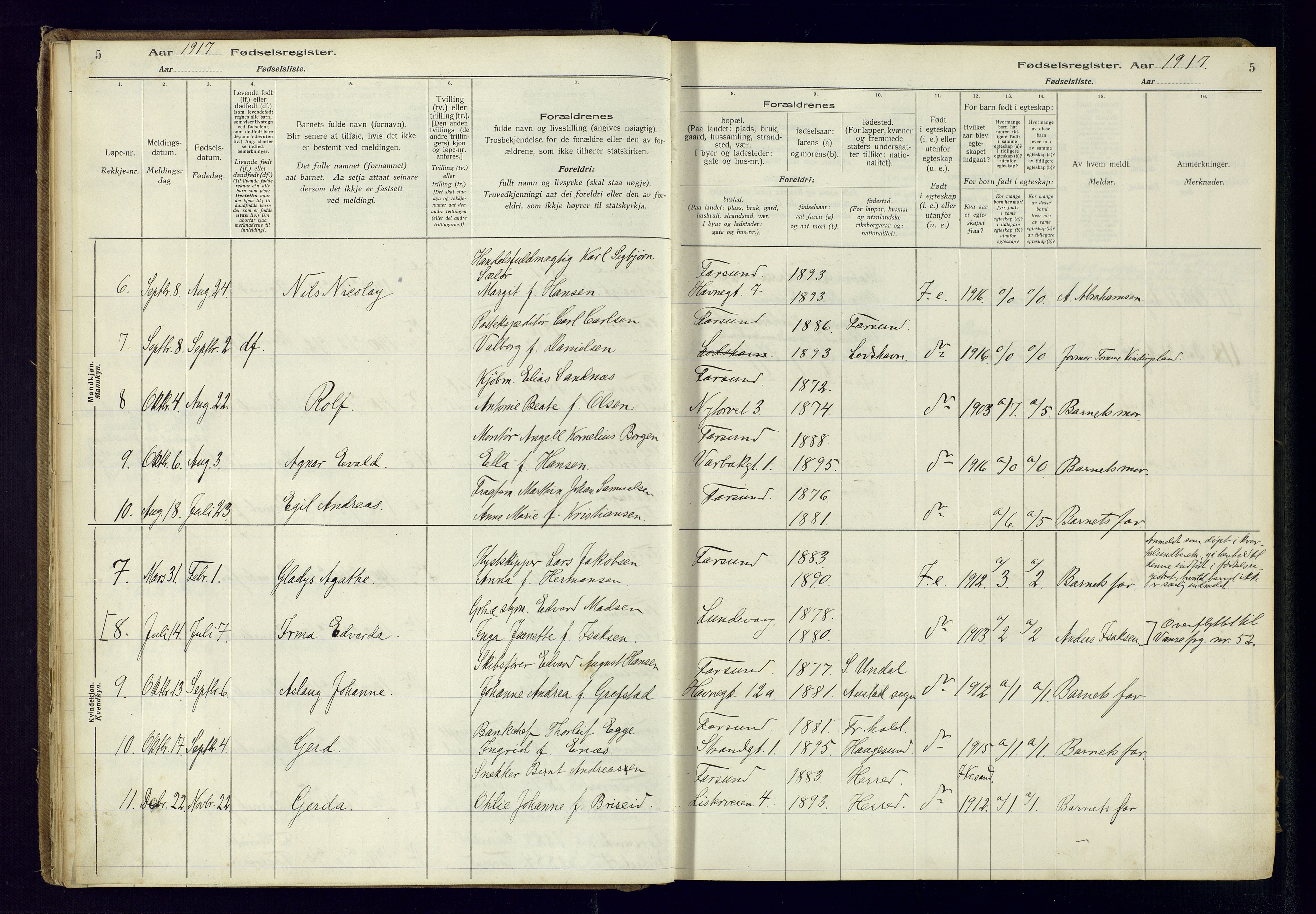 Farsund sokneprestkontor, AV/SAK-1111-0009/J/Ja/L0001: Fødselsregister nr. A-VI-8, 1916-1950, s. 5