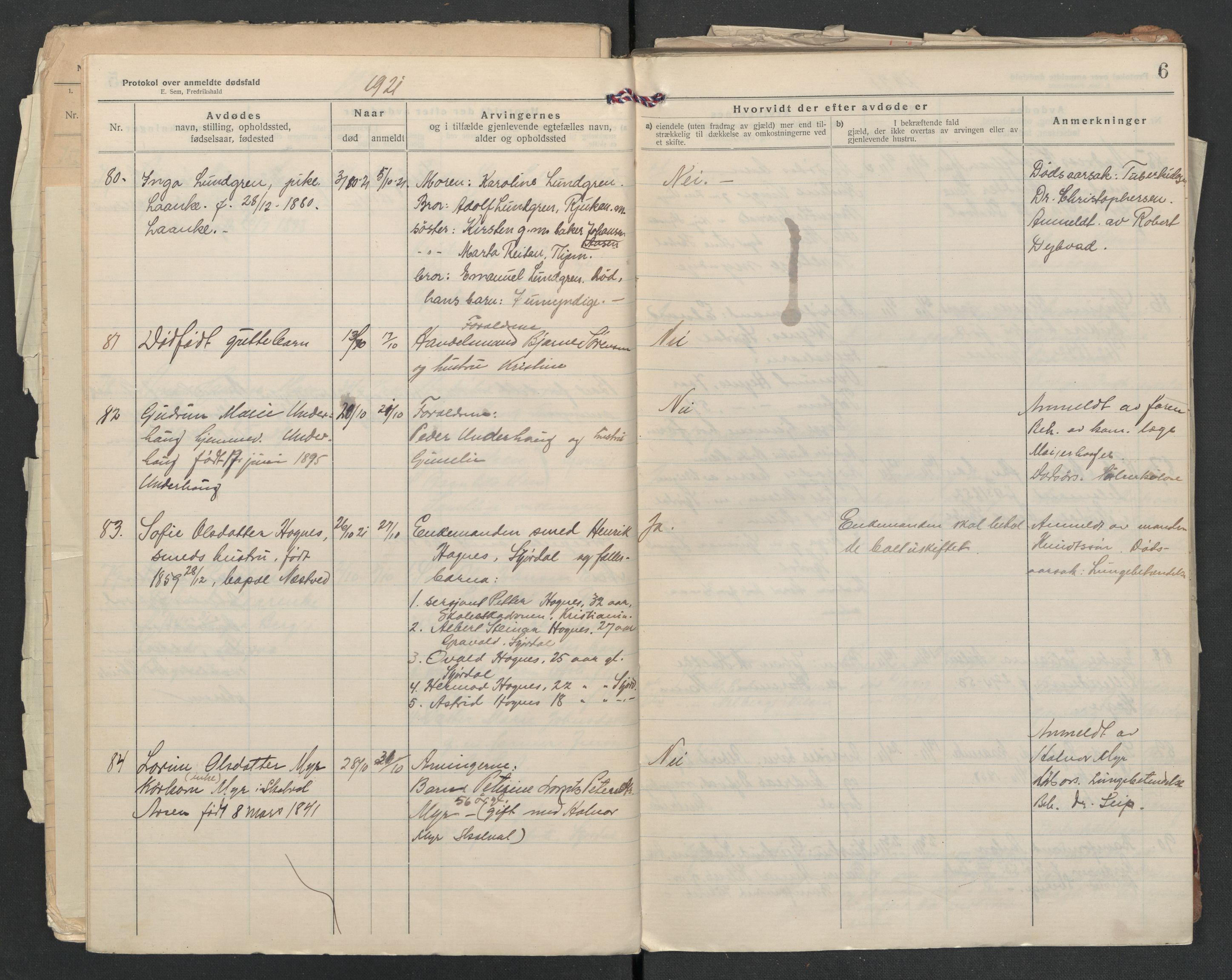 Nedre Stjørdal lensmannskontor, AV/SAT-A-1044/02/L0005: 2.01.05 Dødsfallsprotokoller, 1921-1928, s. 6