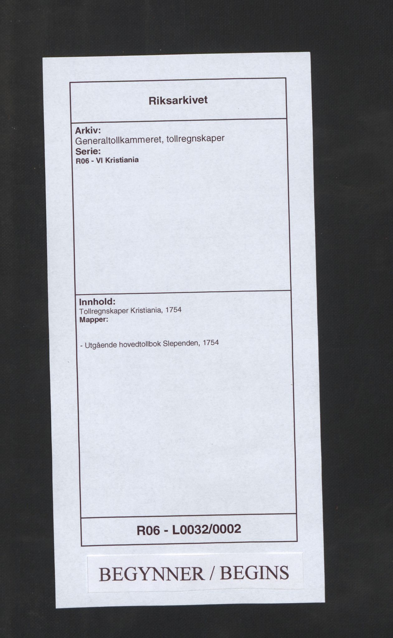 Generaltollkammeret, tollregnskaper, RA/EA-5490/R06/L0032/0002: Tollregnskaper Kristiania / Utgående hovedtollbok Slependen, 1754