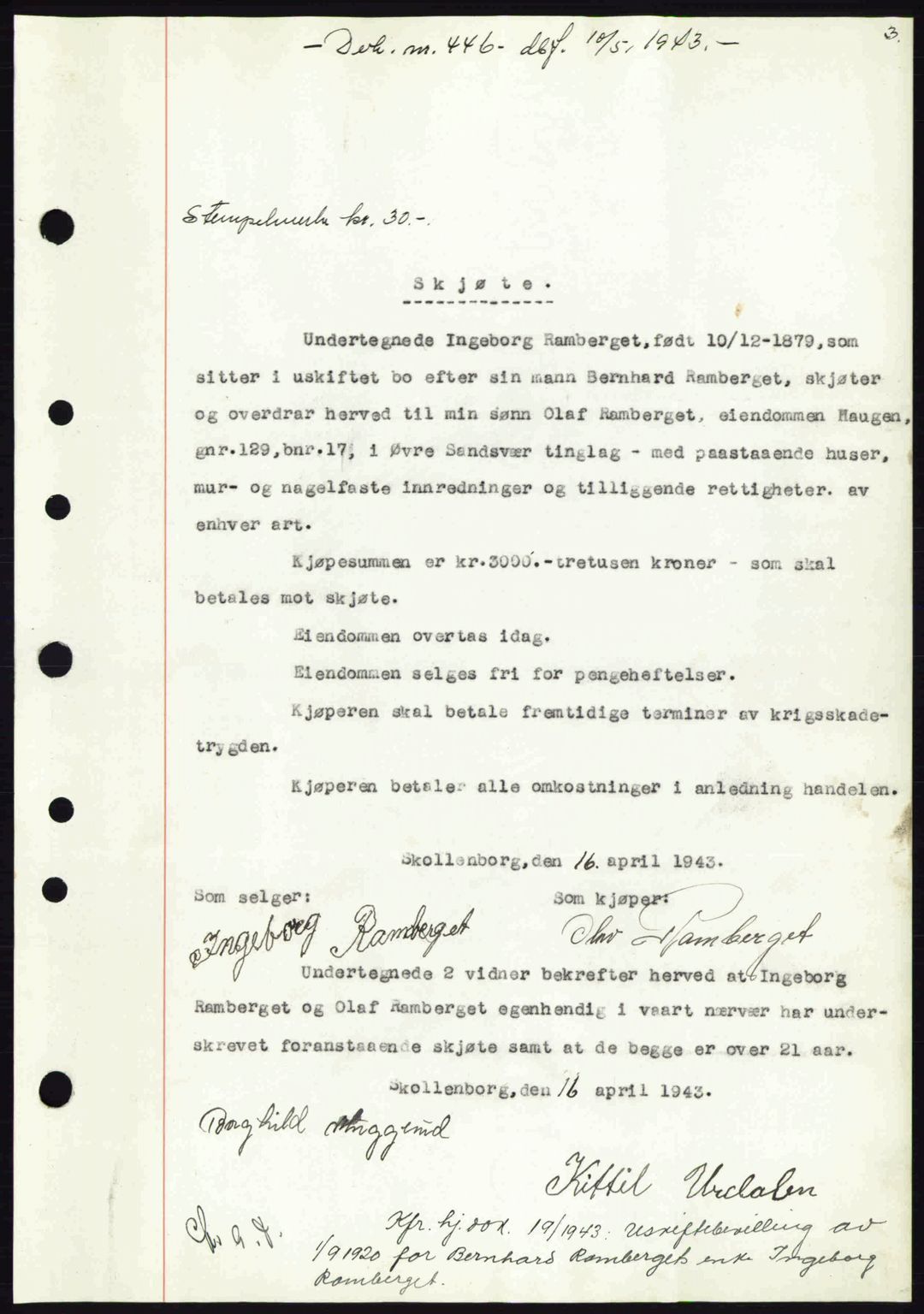 Numedal og Sandsvær sorenskriveri, SAKO/A-128/G/Ga/Gaa/L0055: Pantebok nr. A7, 1943-1944, Dagboknr: 446/1943