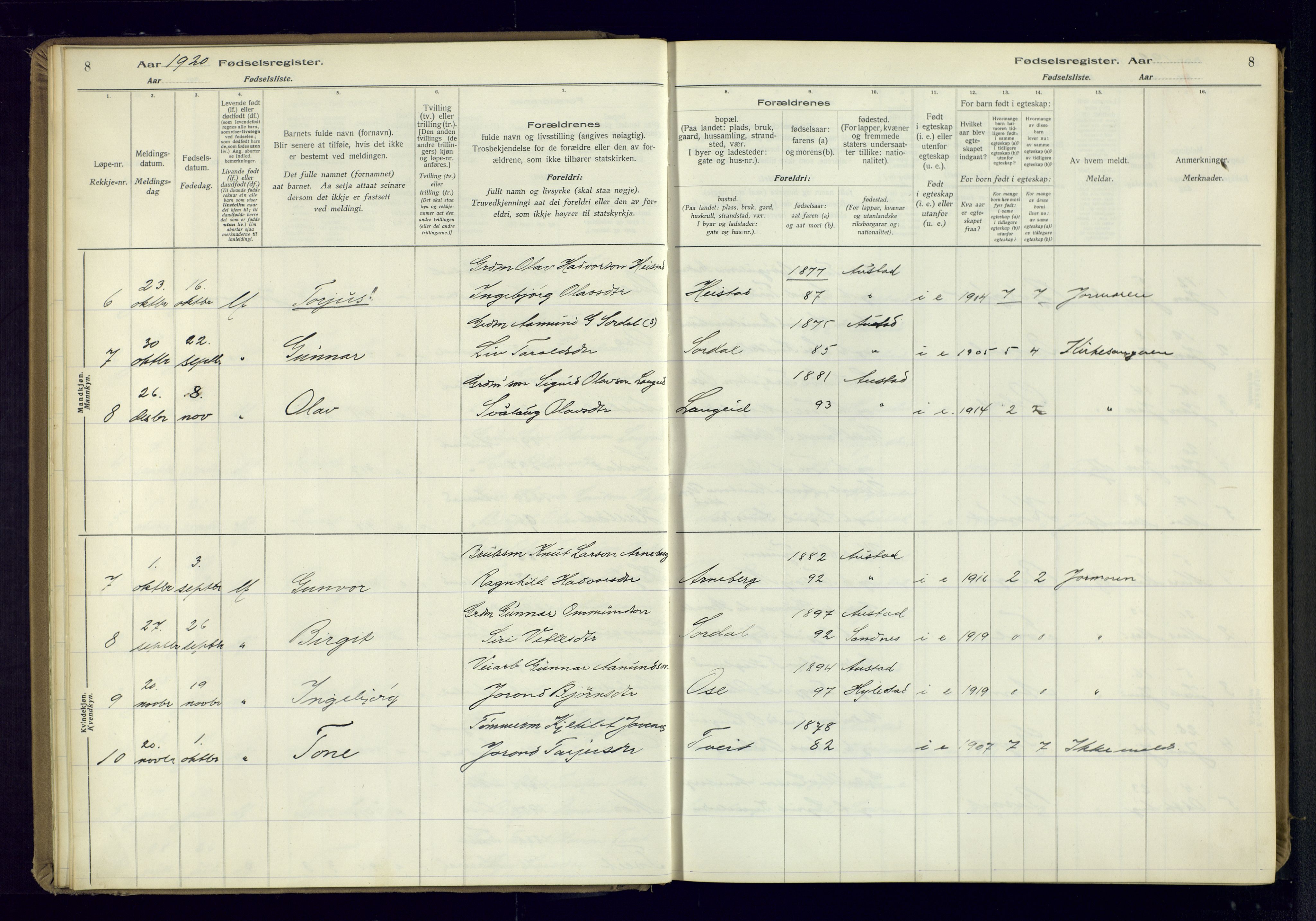 Bygland sokneprestkontor, AV/SAK-1111-0006/J/Ja/L0002: Fødselsregister nr. II.4.3, 1916-1982, s. 8