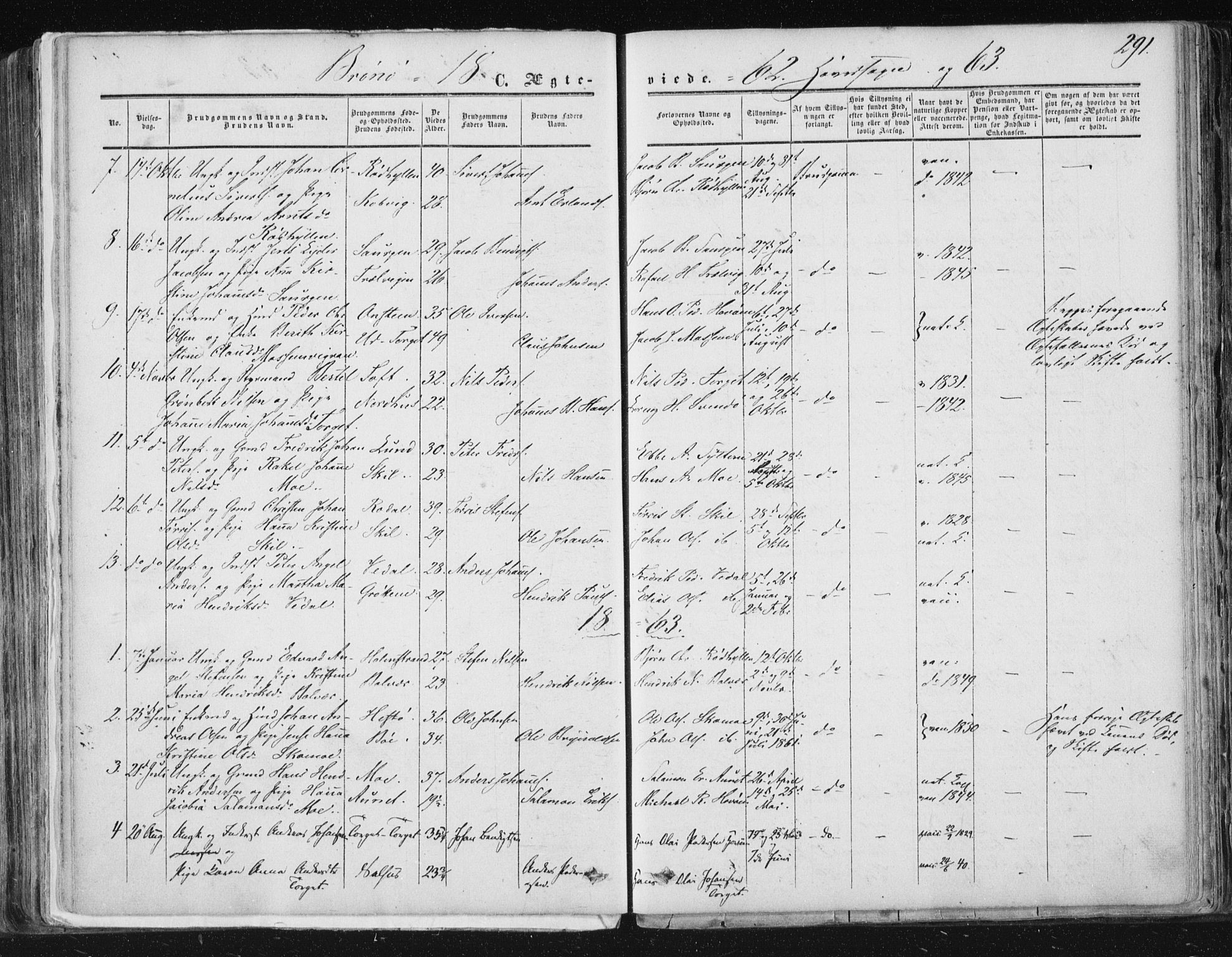 Ministerialprotokoller, klokkerbøker og fødselsregistre - Nordland, AV/SAT-A-1459/813/L0198: Ministerialbok nr. 813A08, 1834-1874, s. 291