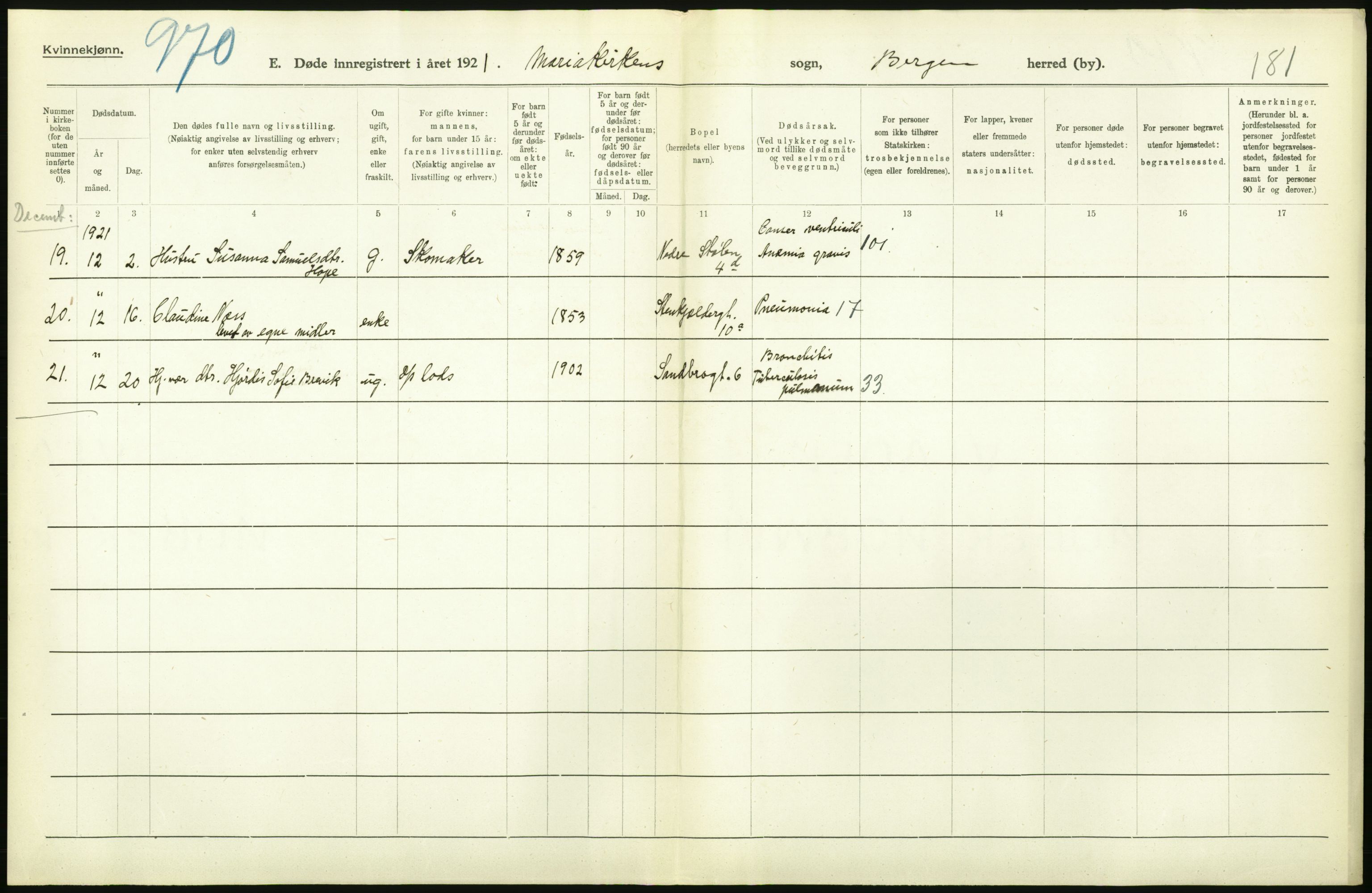 Statistisk sentralbyrå, Sosiodemografiske emner, Befolkning, RA/S-2228/D/Df/Dfc/Dfca/L0036: Bergen: Døde., 1921, s. 298