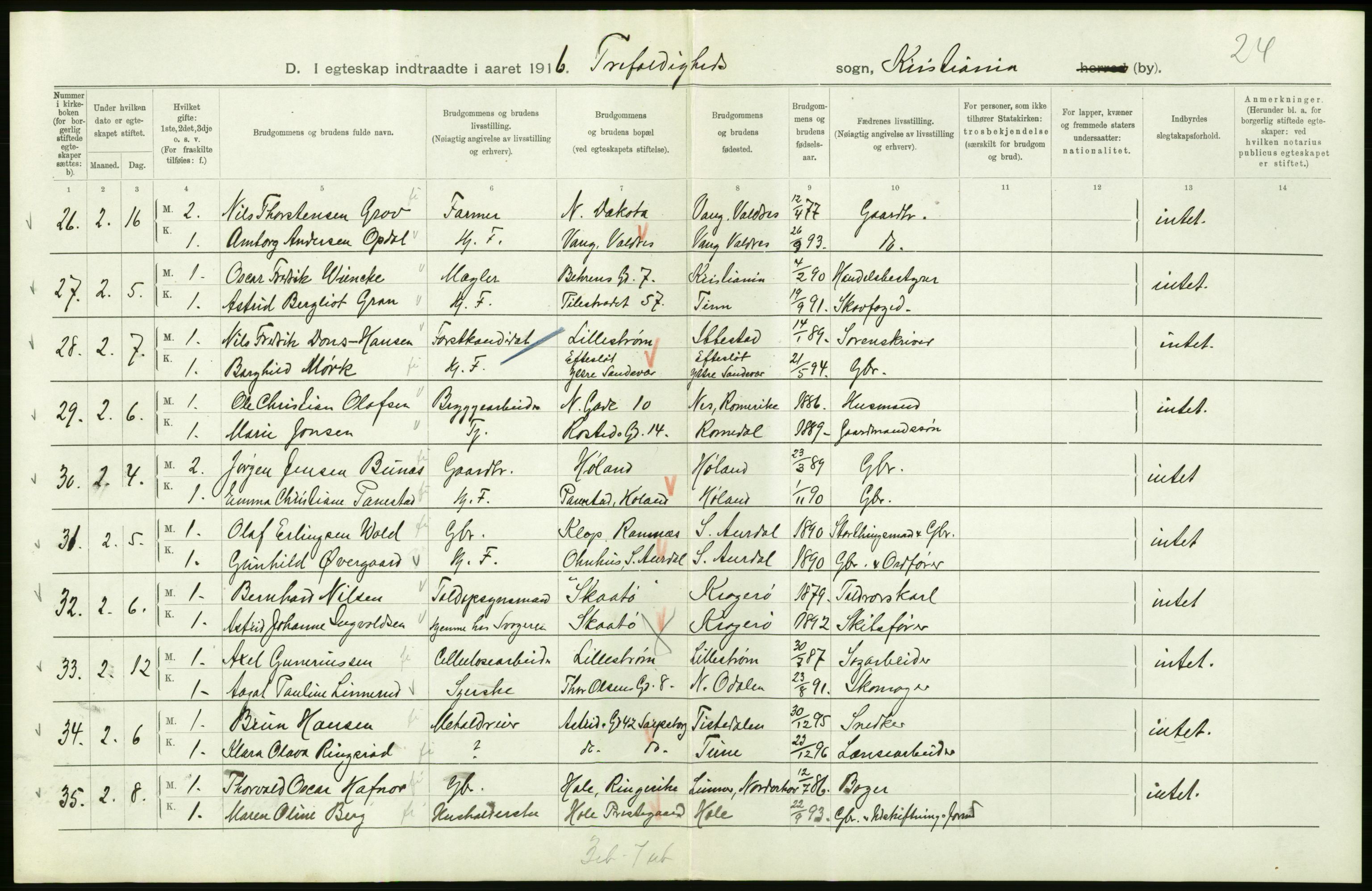 Statistisk sentralbyrå, Sosiodemografiske emner, Befolkning, RA/S-2228/D/Df/Dfb/Dfbf/L0008: Kristiania: Gifte, 1916, s. 324