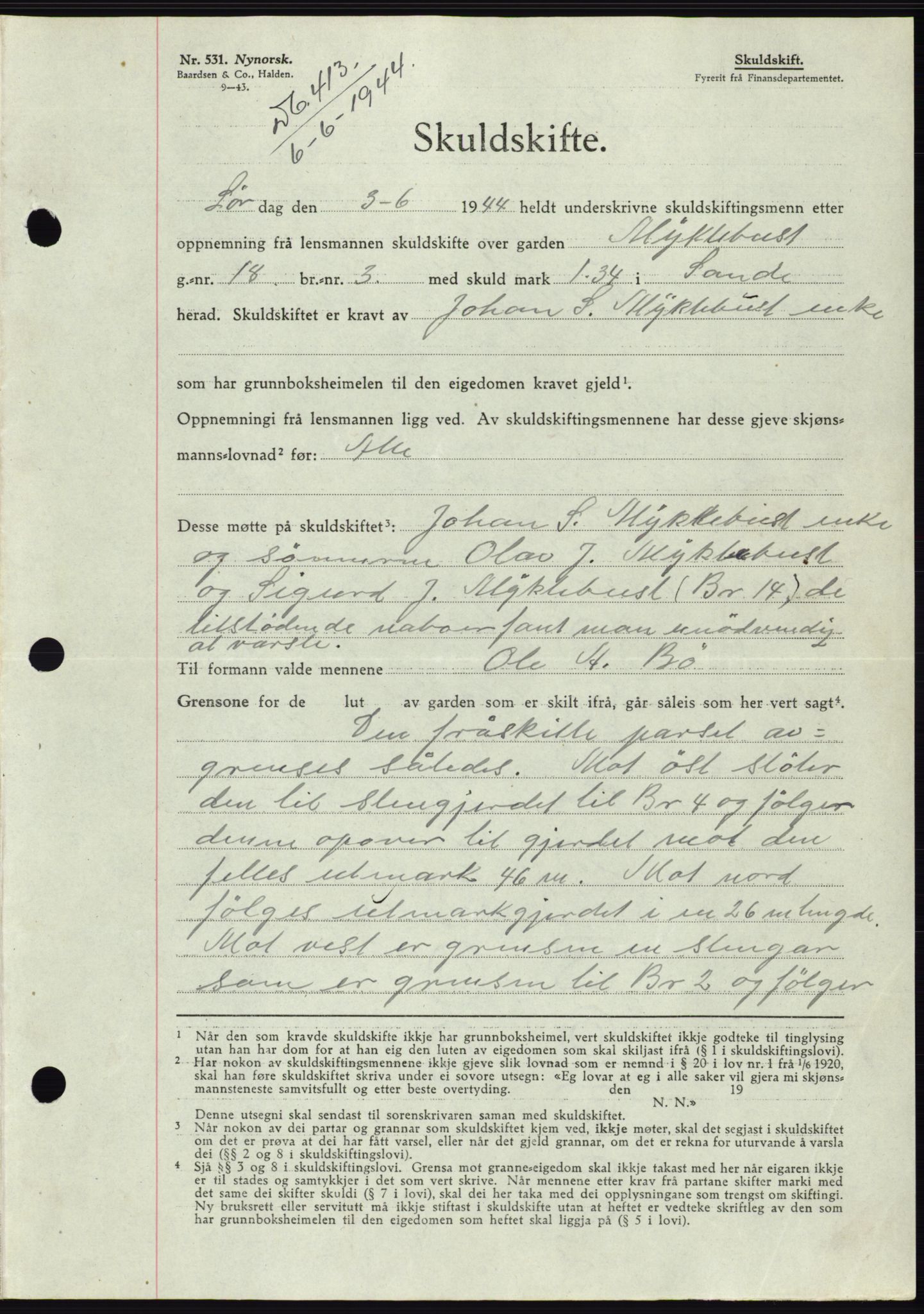 Søre Sunnmøre sorenskriveri, AV/SAT-A-4122/1/2/2C/L0076: Pantebok nr. 2A, 1943-1944, Dagboknr: 413/1944