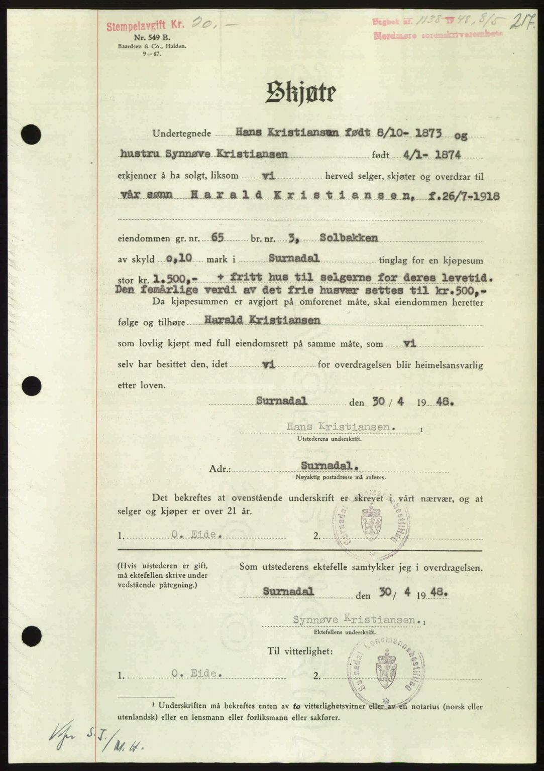 Nordmøre sorenskriveri, SAT/A-4132/1/2/2Ca: Pantebok nr. A108, 1948-1948, Dagboknr: 1138/1948