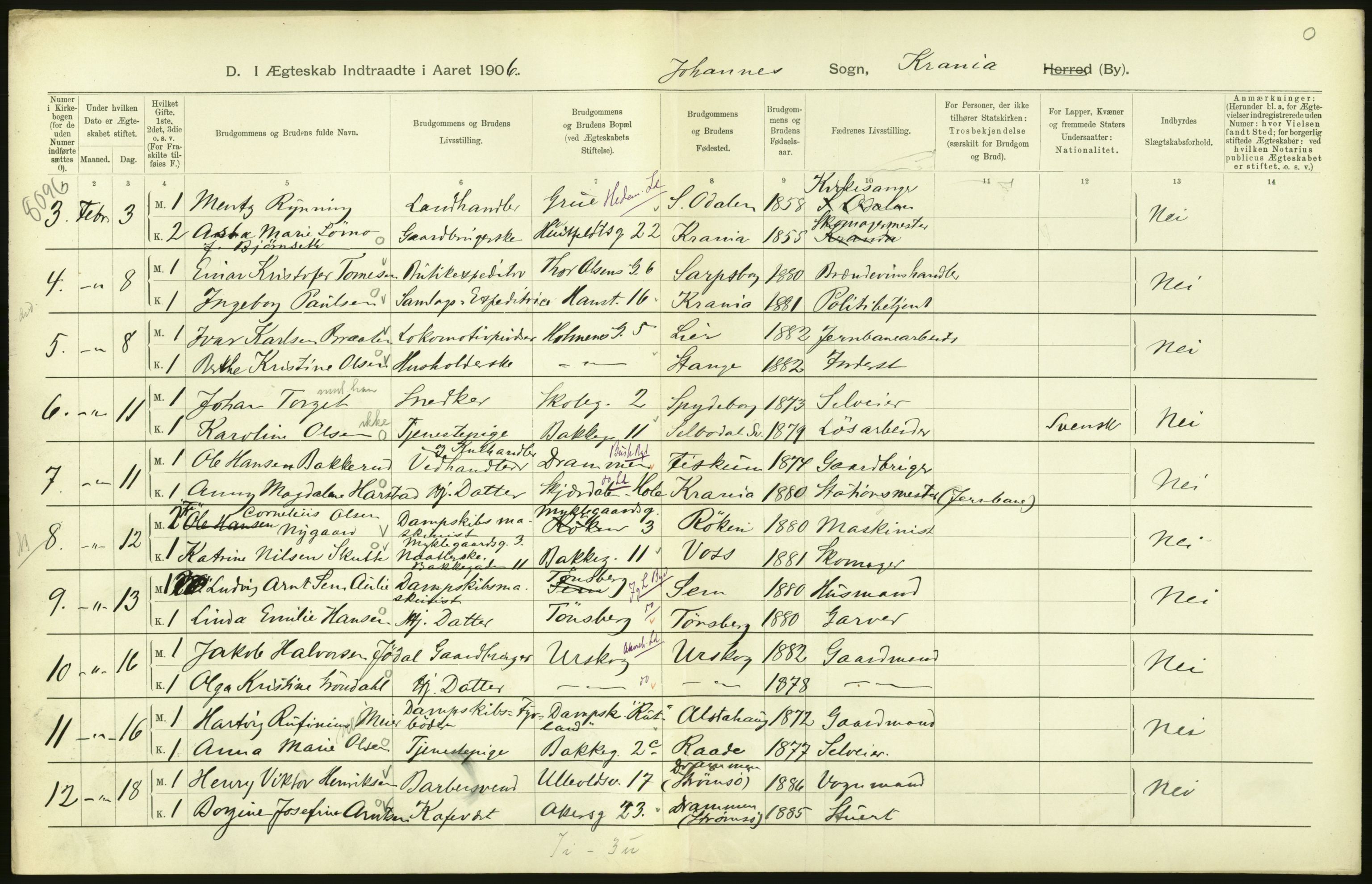 Statistisk sentralbyrå, Sosiodemografiske emner, Befolkning, AV/RA-S-2228/D/Df/Dfa/Dfad/L0008: Kristiania: Gifte, 1906, s. 356