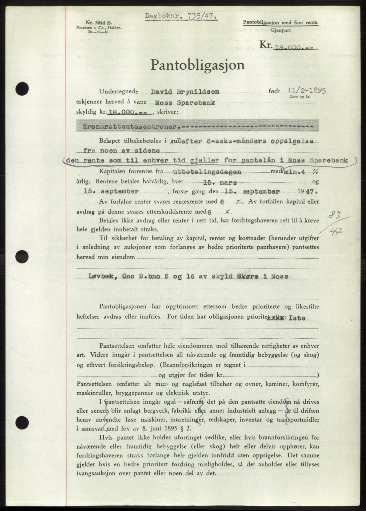 Moss sorenskriveri, SAO/A-10168: Pantebok nr. B16, 1946-1947, Dagboknr: 735/1947
