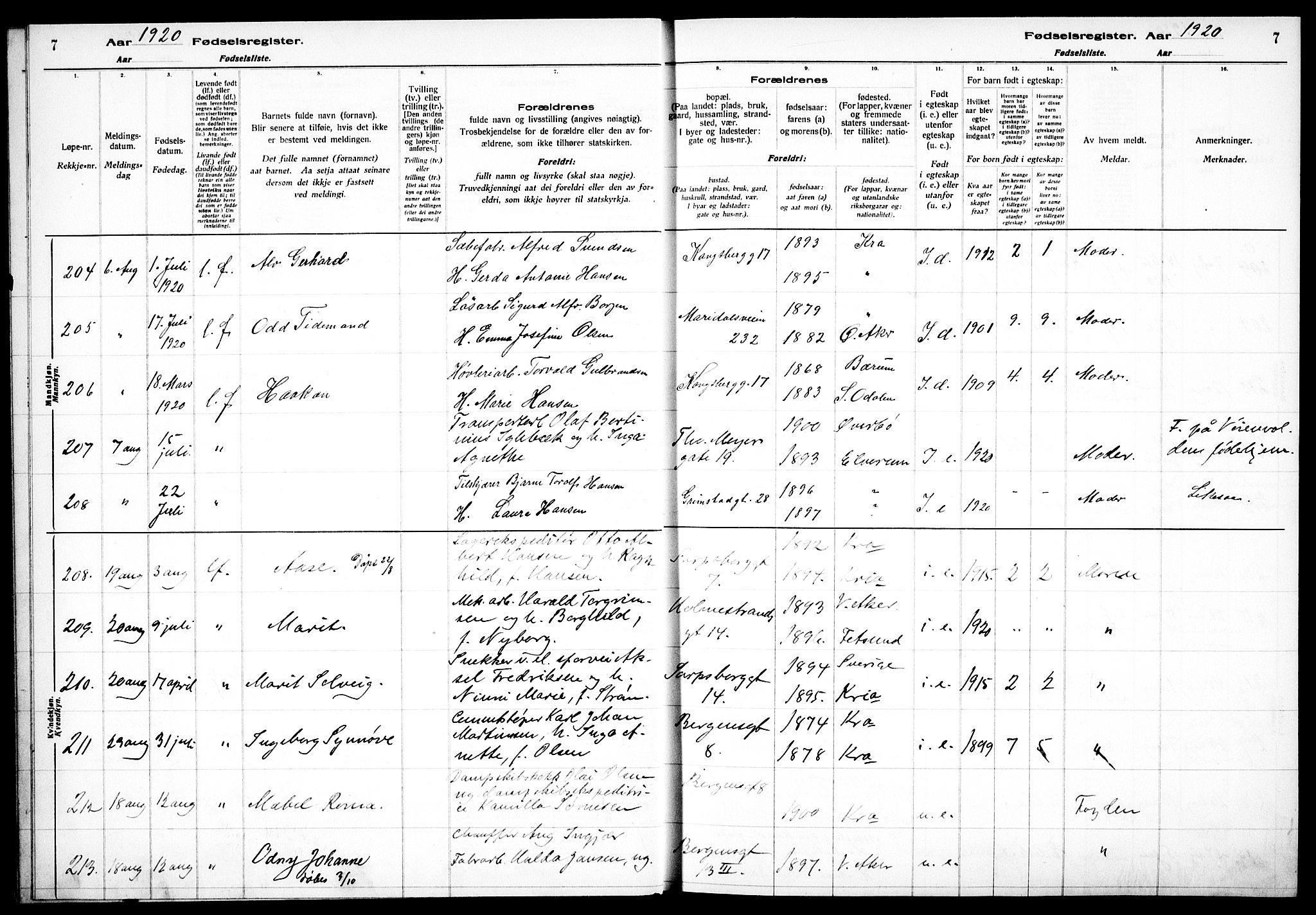 Sagene prestekontor Kirkebøker, AV/SAO-A-10796/J/L0002: Fødselsregister nr. 2, 1920-1922, s. 7