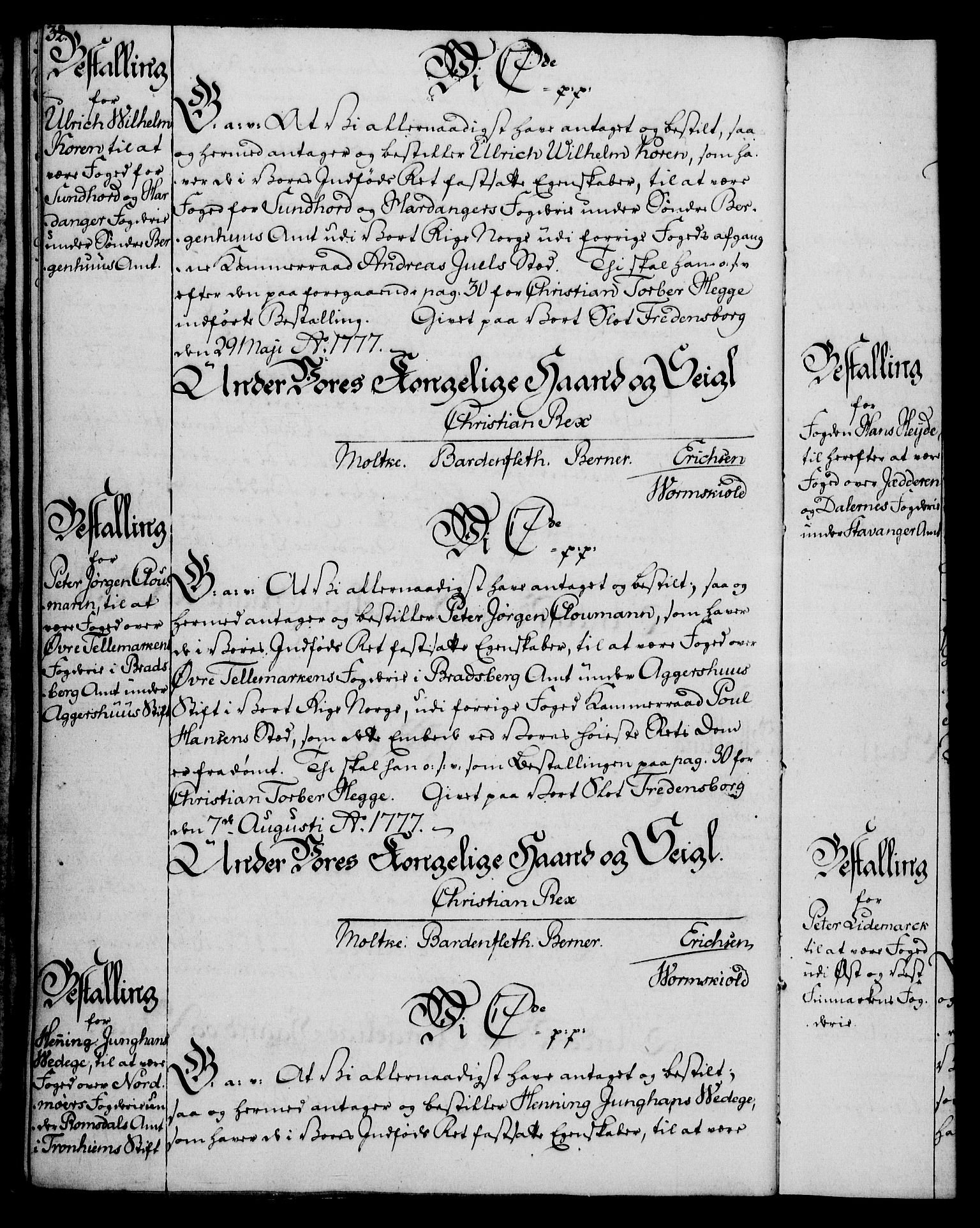 Rentekammeret, Kammerkanselliet, RA/EA-3111/G/Gg/Gge/L0006: Norsk bestallingsprotokoll med register (merket RK 53.30), 1773-1814, s. 32