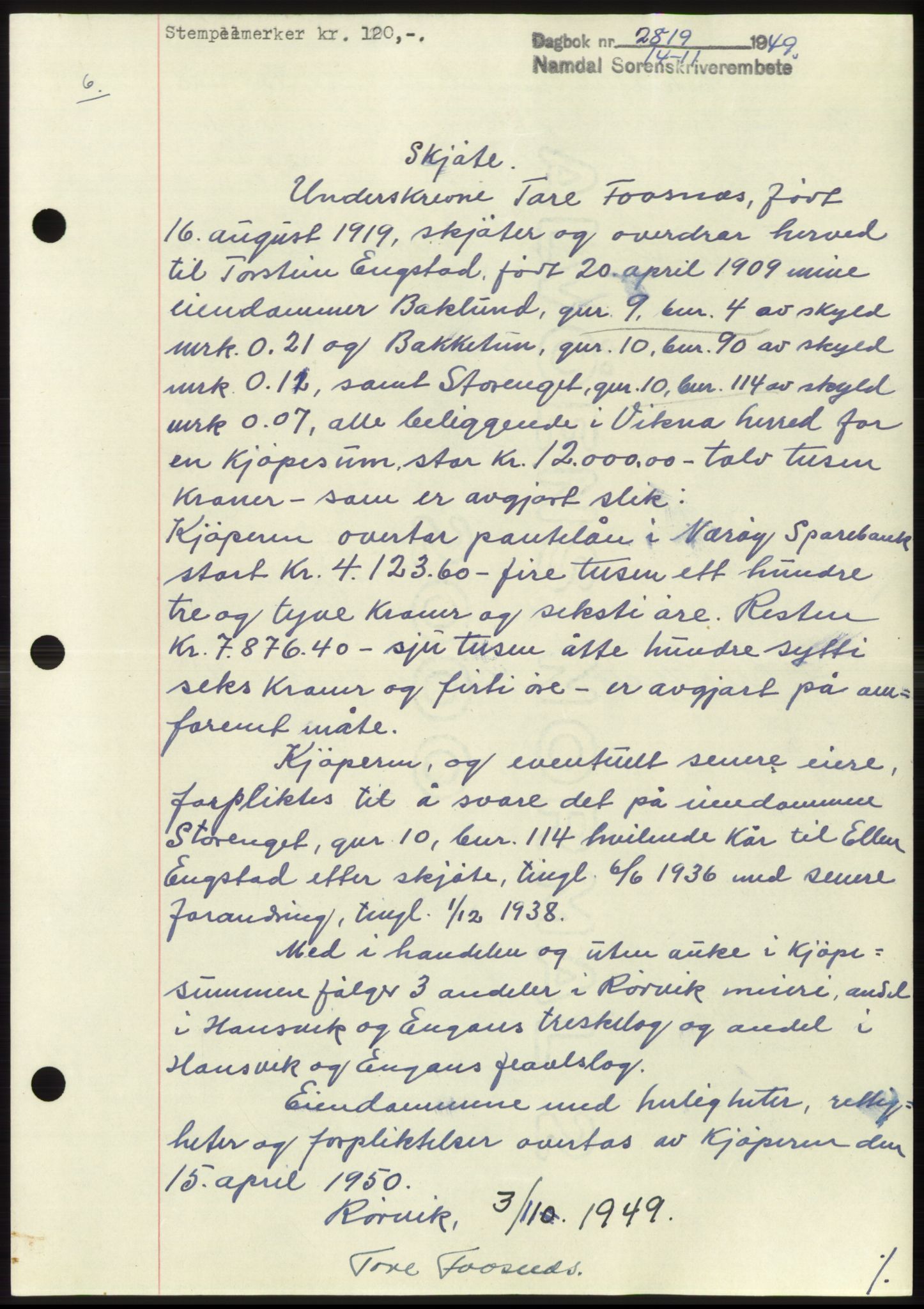 Namdal sorenskriveri, SAT/A-4133/1/2/2C: Pantebok nr. -, 1949-1949, Dagboknr: 2819/1949