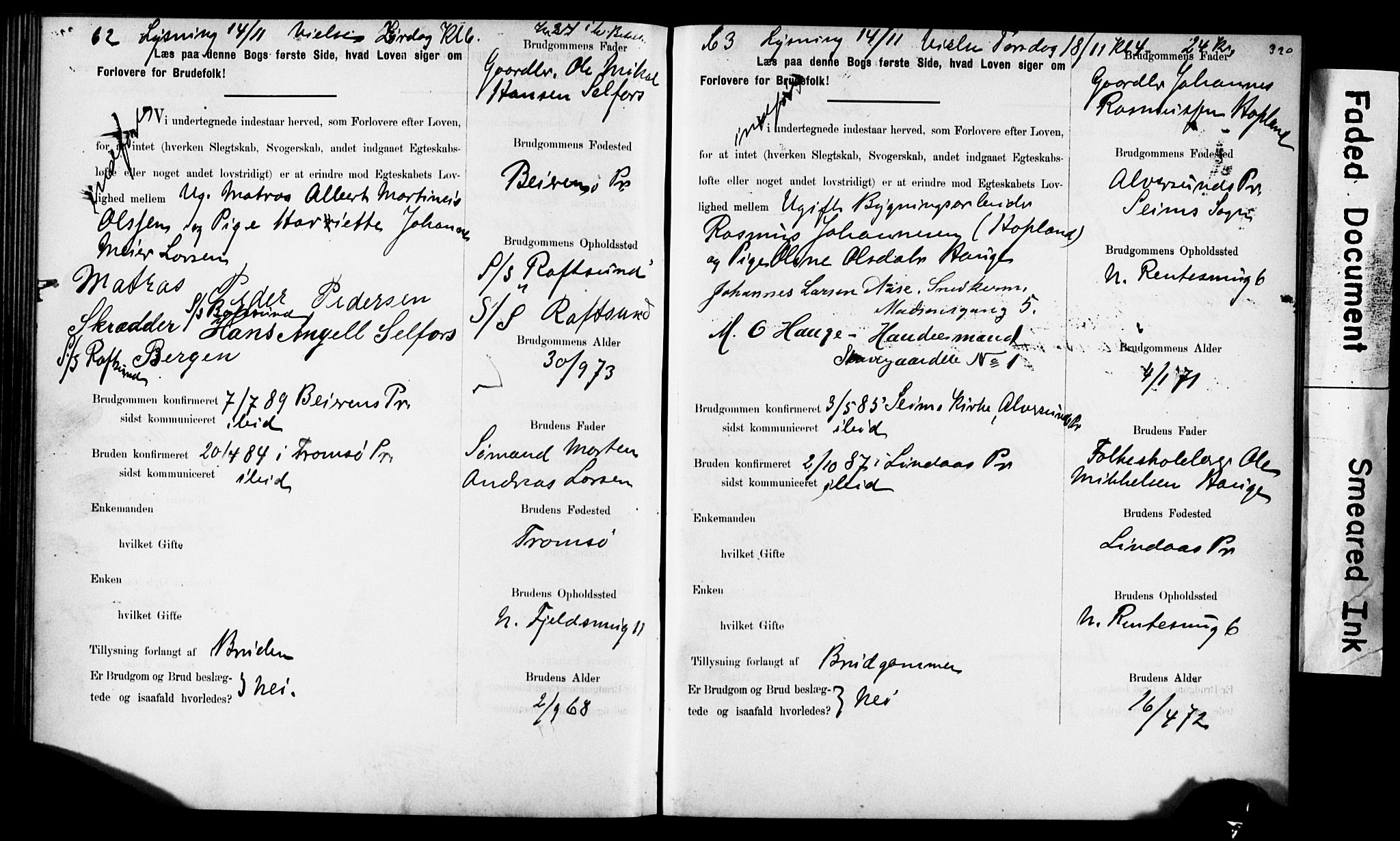 Korskirken sokneprestembete, AV/SAB-A-76101: Forlovererklæringer nr. II.5.6, 1889-1898, s. 320