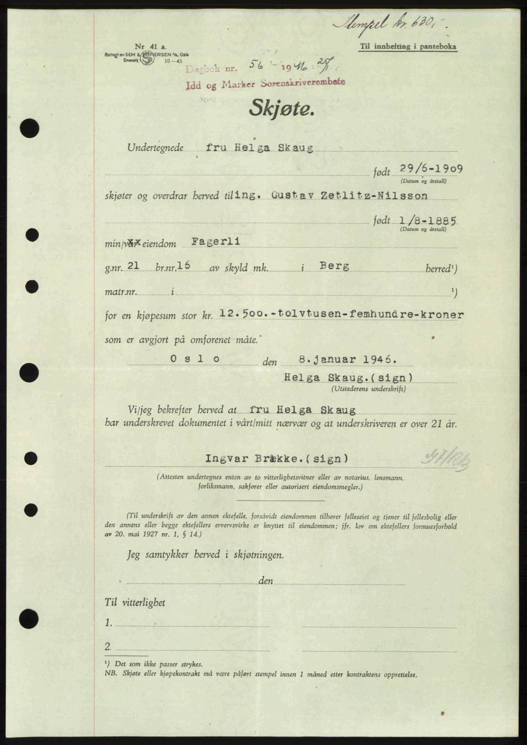 Idd og Marker sorenskriveri, SAO/A-10283/G/Gb/Gbb/L0008: Pantebok nr. A8, 1946-1946, Dagboknr: 56/1946