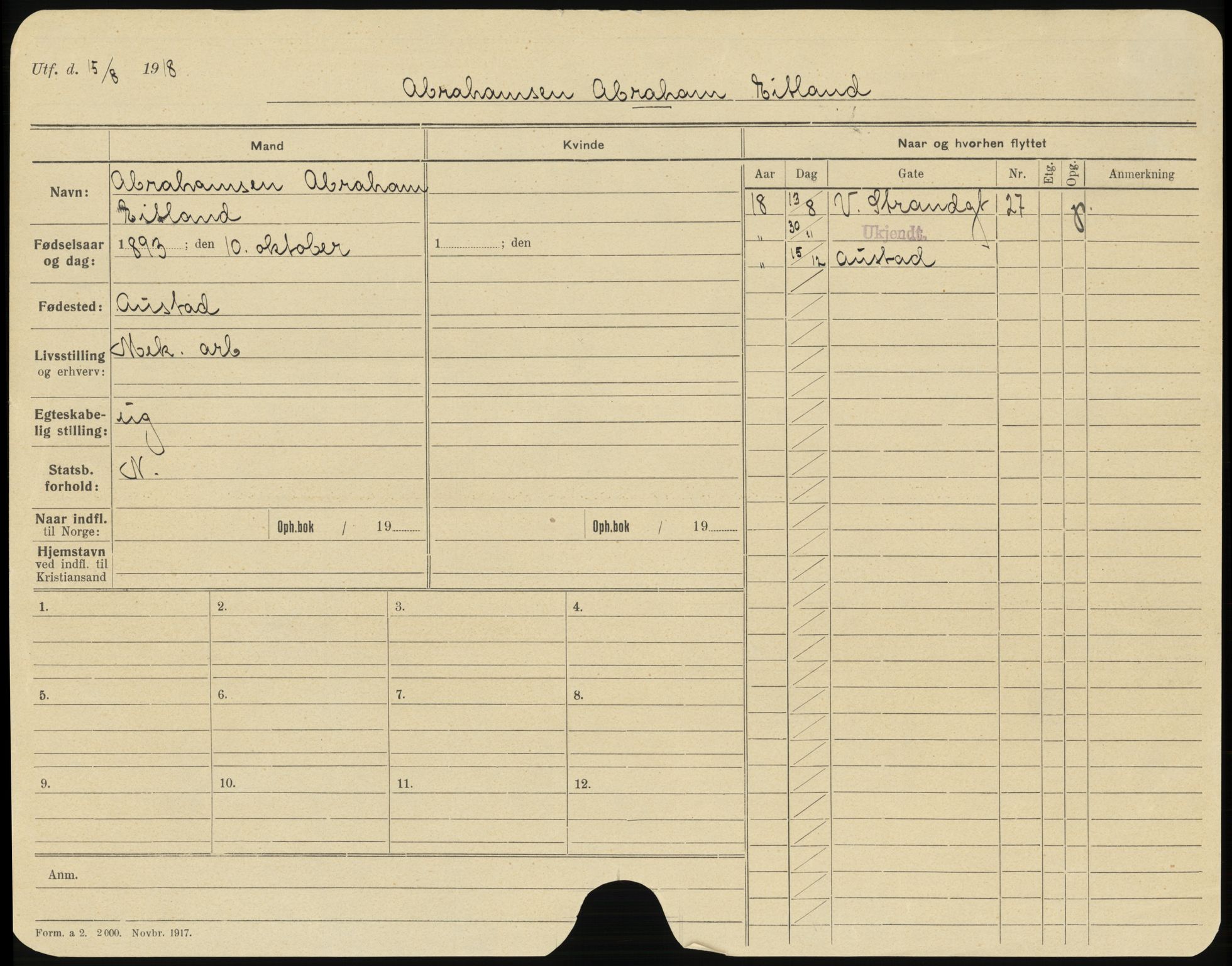 Kristiansand folkeregister, SAK/1341-0030/H/L0002: Utflyttet, A-Å, 1918