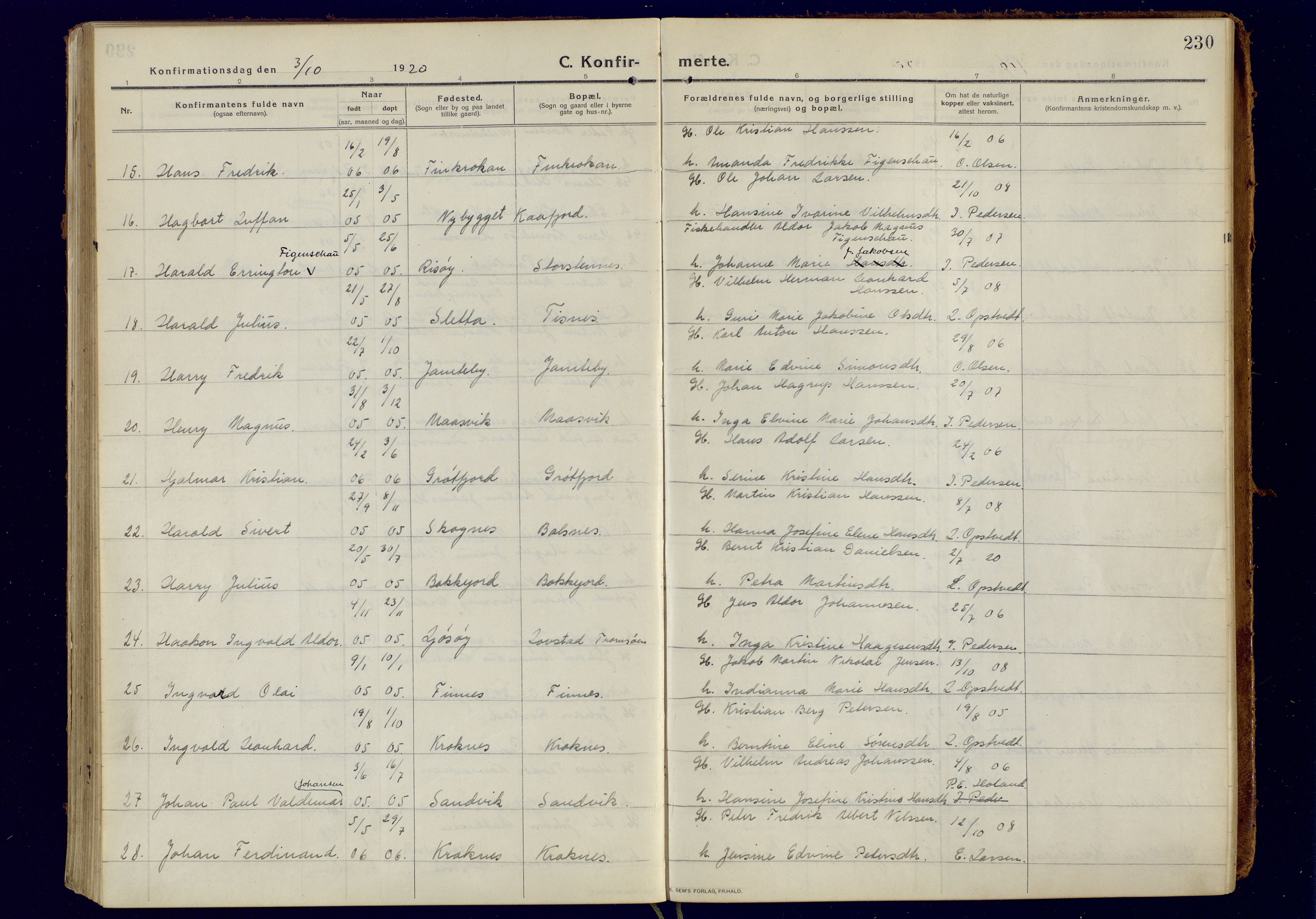 Tromsøysund sokneprestkontor, AV/SATØ-S-1304/G/Ga/L0008kirke: Ministerialbok nr. 8, 1914-1922, s. 230