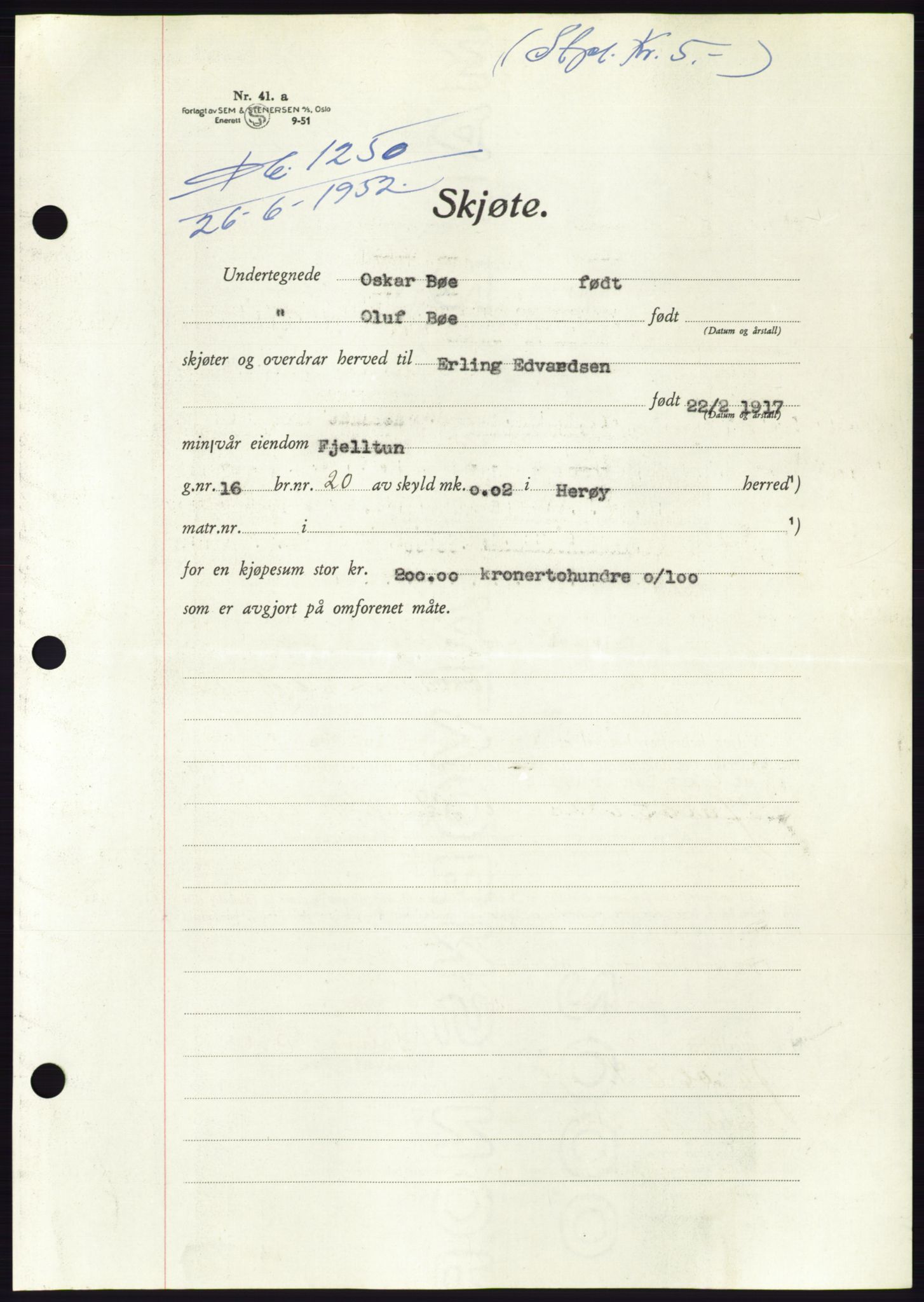 Søre Sunnmøre sorenskriveri, AV/SAT-A-4122/1/2/2C/L0092: Pantebok nr. 18A, 1952-1952, Dagboknr: 1250/1952