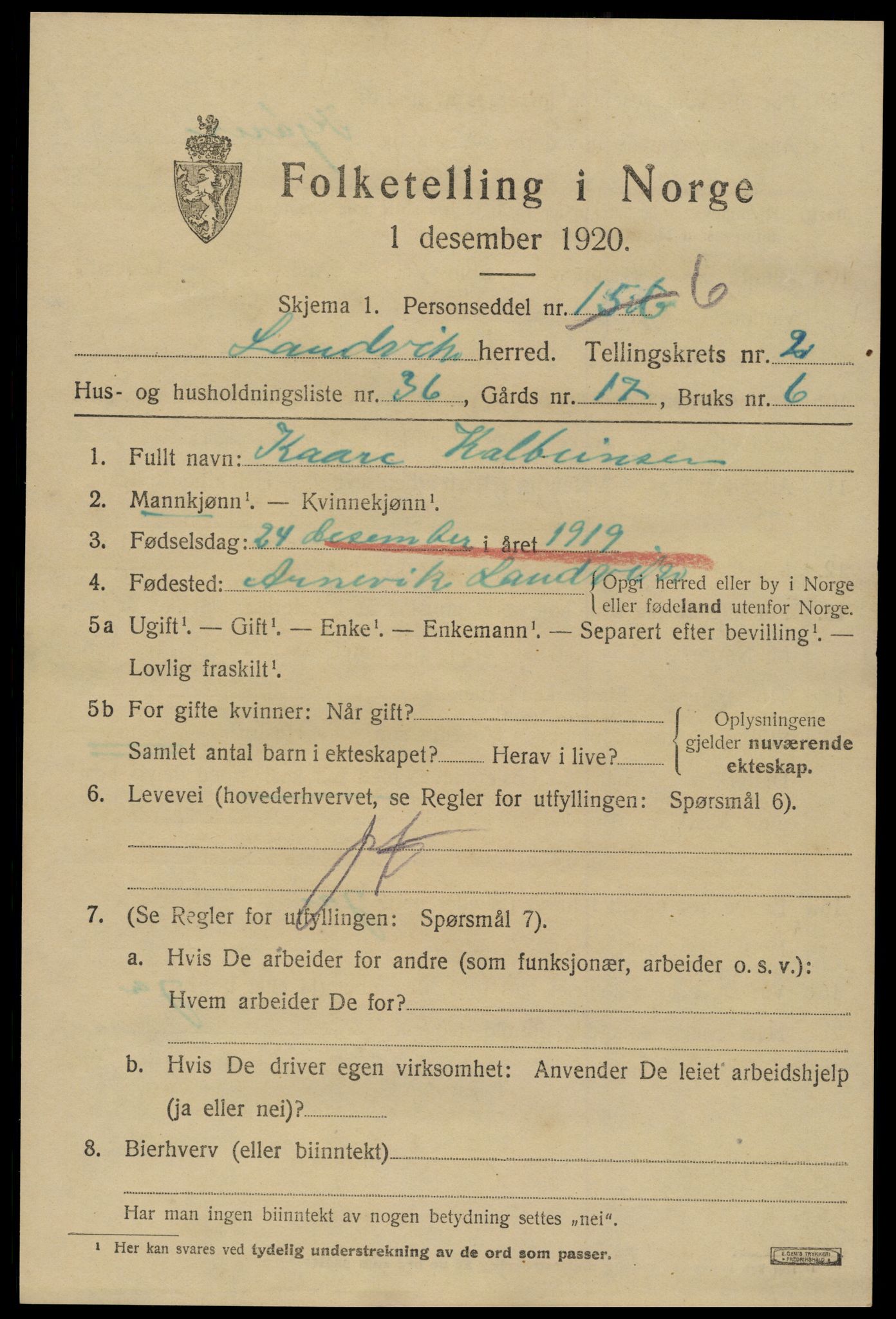 SAK, Folketelling 1920 for 0924 Landvik herred, 1920, s. 2078