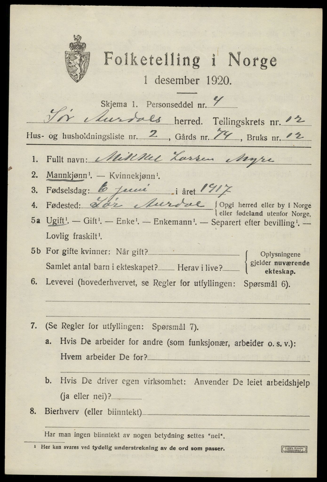 SAH, Folketelling 1920 for 0540 Sør-Aurdal herred, 1920, s. 6681